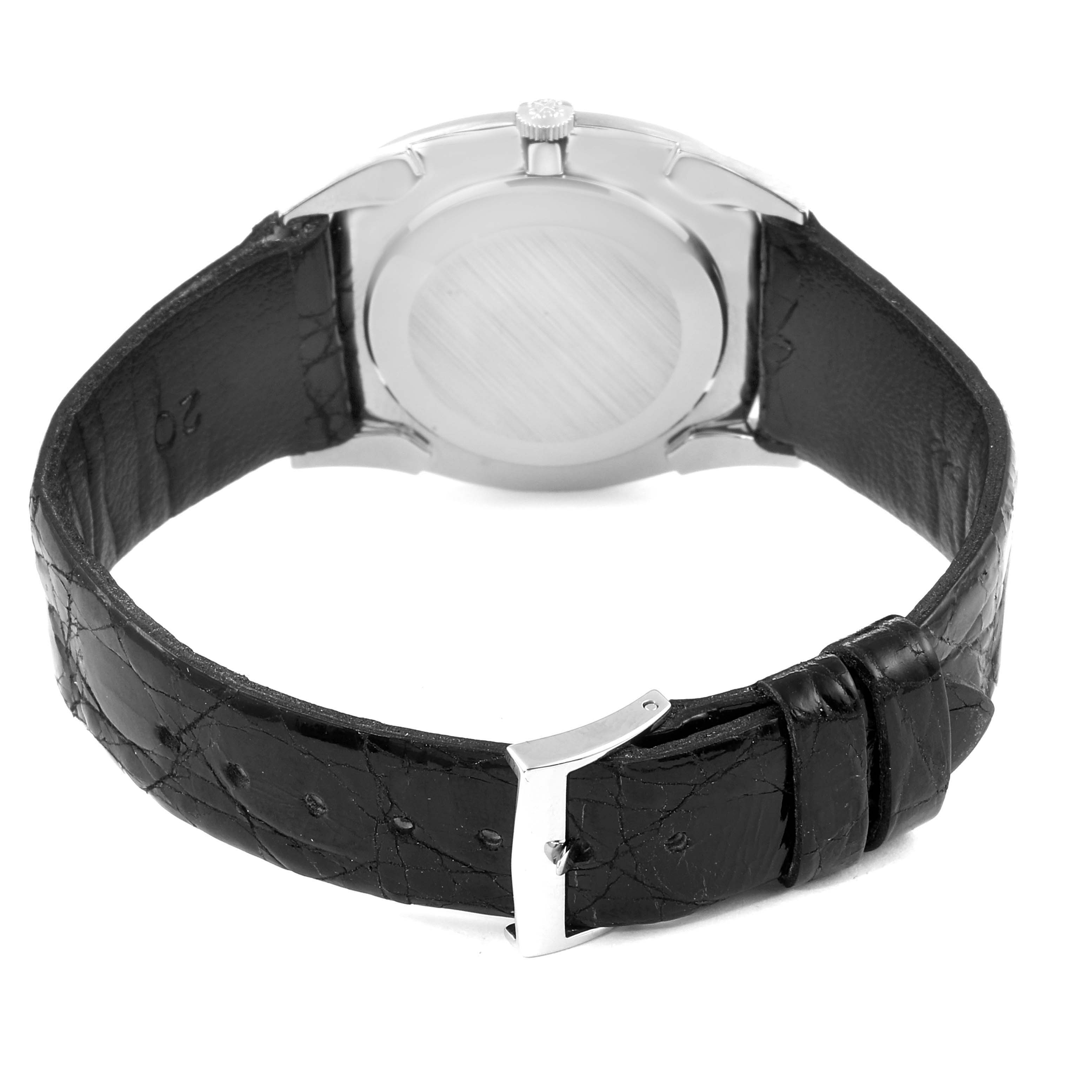 The image shows the back view of the Patek Philippe Vintage 3544 Men's Stainless Steel Silver Dial 3544 Men's Stainless Steel Silver Dial watch, highlighting the leather strap and clasp.