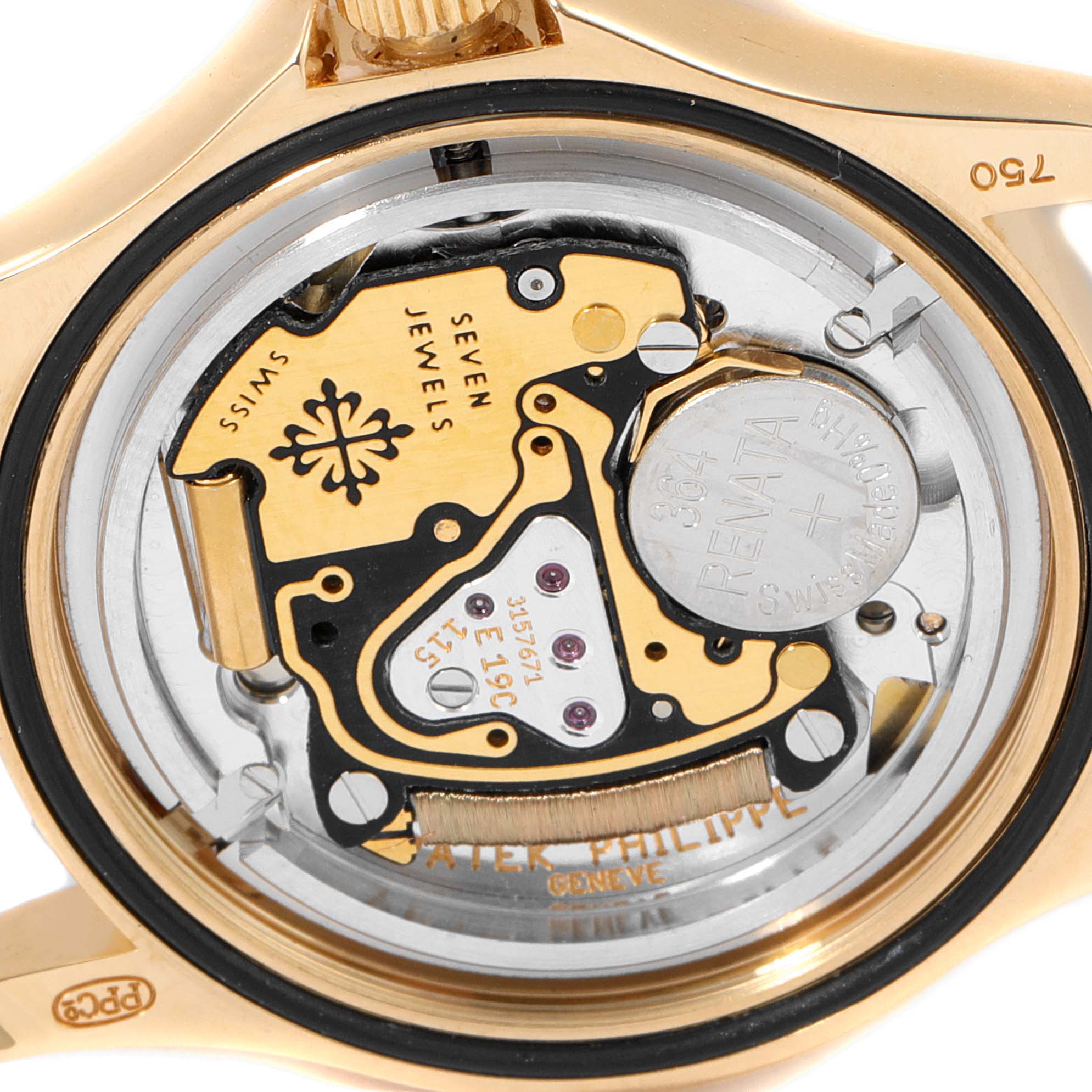 This image shows the movement and inner workings of a Patek Philippe Calatrava 4906J-001 Women's Yellow Gold White Dial 4906J-001 Women's Yellow Gold White Dial watch from a top-down angle.