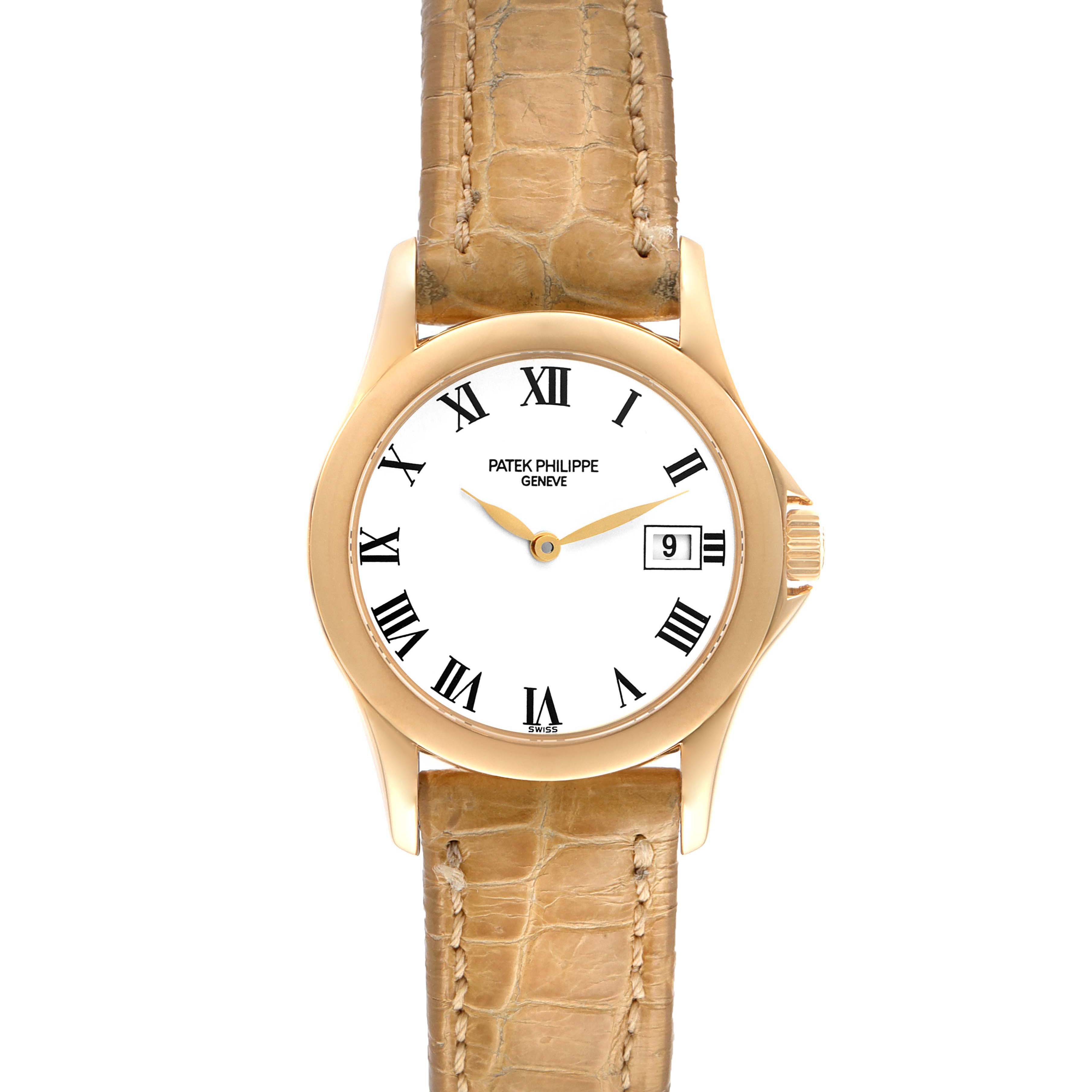 The Patek Philippe Calatrava 4906J-001 Women's Yellow Gold White Dial 4906J-001 Women's Yellow Gold White Dial watch is shown from the front, displaying its face, case, and leather strap.