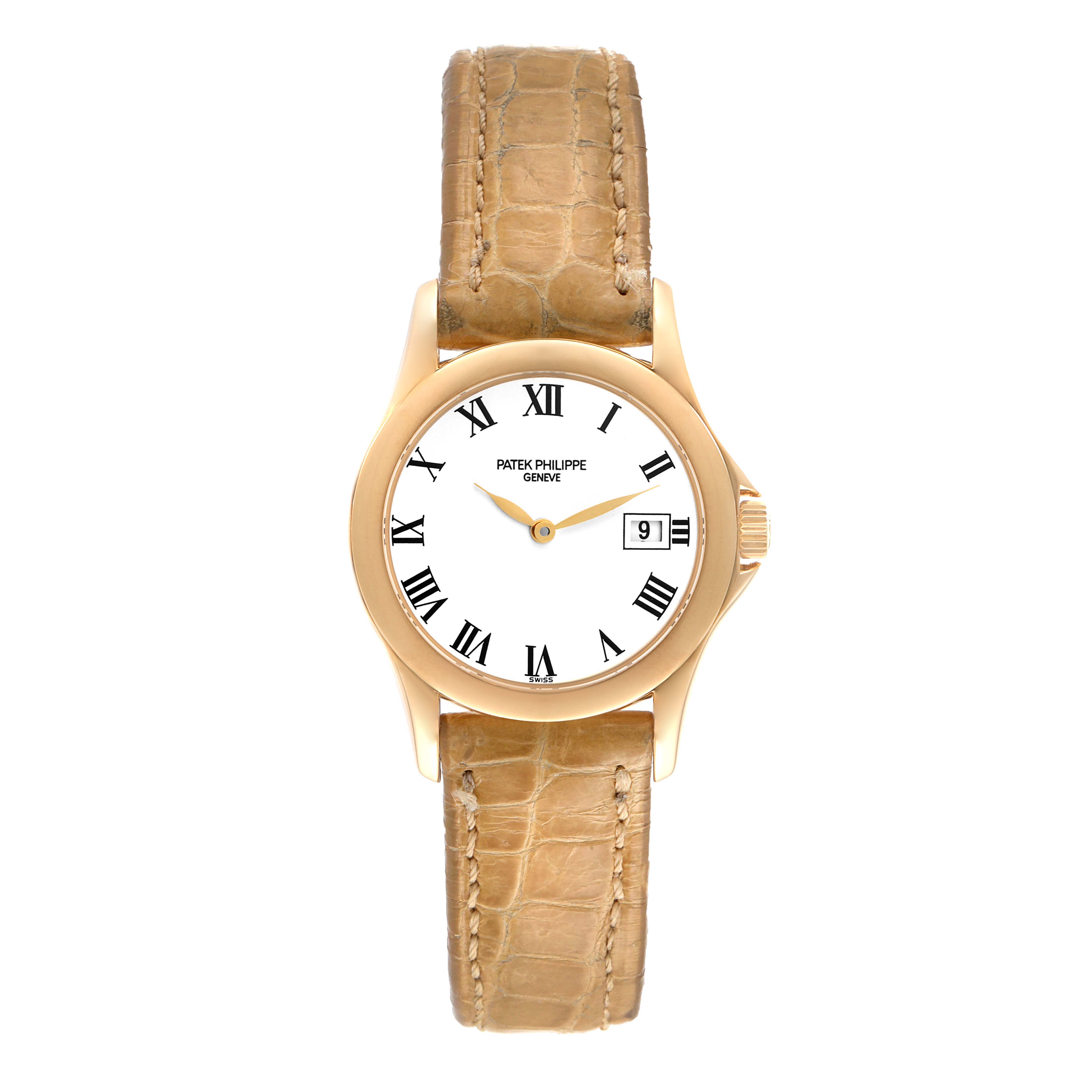 The image shows a front view of a Patek Philippe Calatrava 4906J-001 Women's Yellow Gold White Dial 4906J-001 Women's Yellow Gold White Dial watch with a beige leather strap and a white dial with Roman numerals.