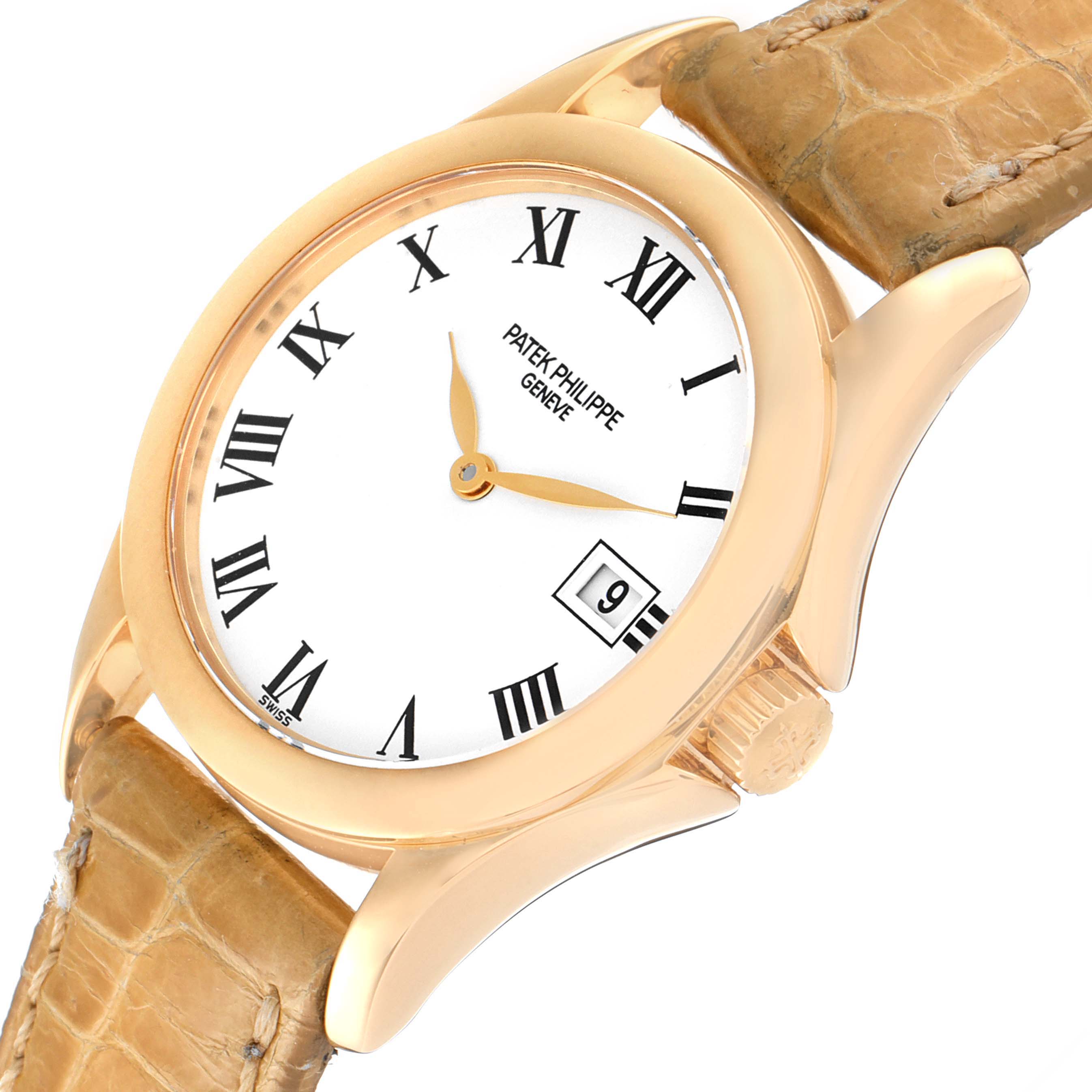 The image shows a Patek Philippe Calatrava 4906J-001 Women's Yellow Gold White Dial 4906J-001 Women's Yellow Gold White Dial watch at an angled close-up, highlighting its face, crown, and leather strap.