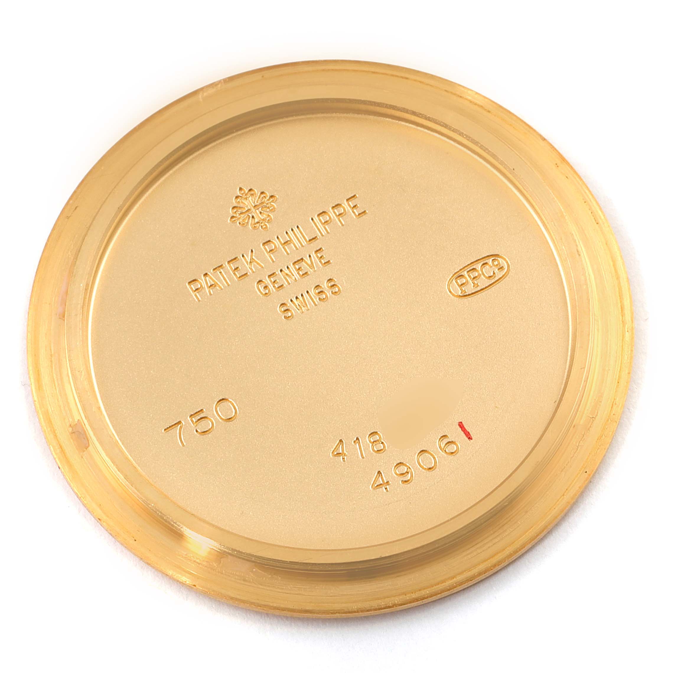 This image shows the interior case back of a Patek Philippe Calatrava 4906J-001 Women's Yellow Gold White Dial 4906J-001 Women's Yellow Gold White Dial watch.