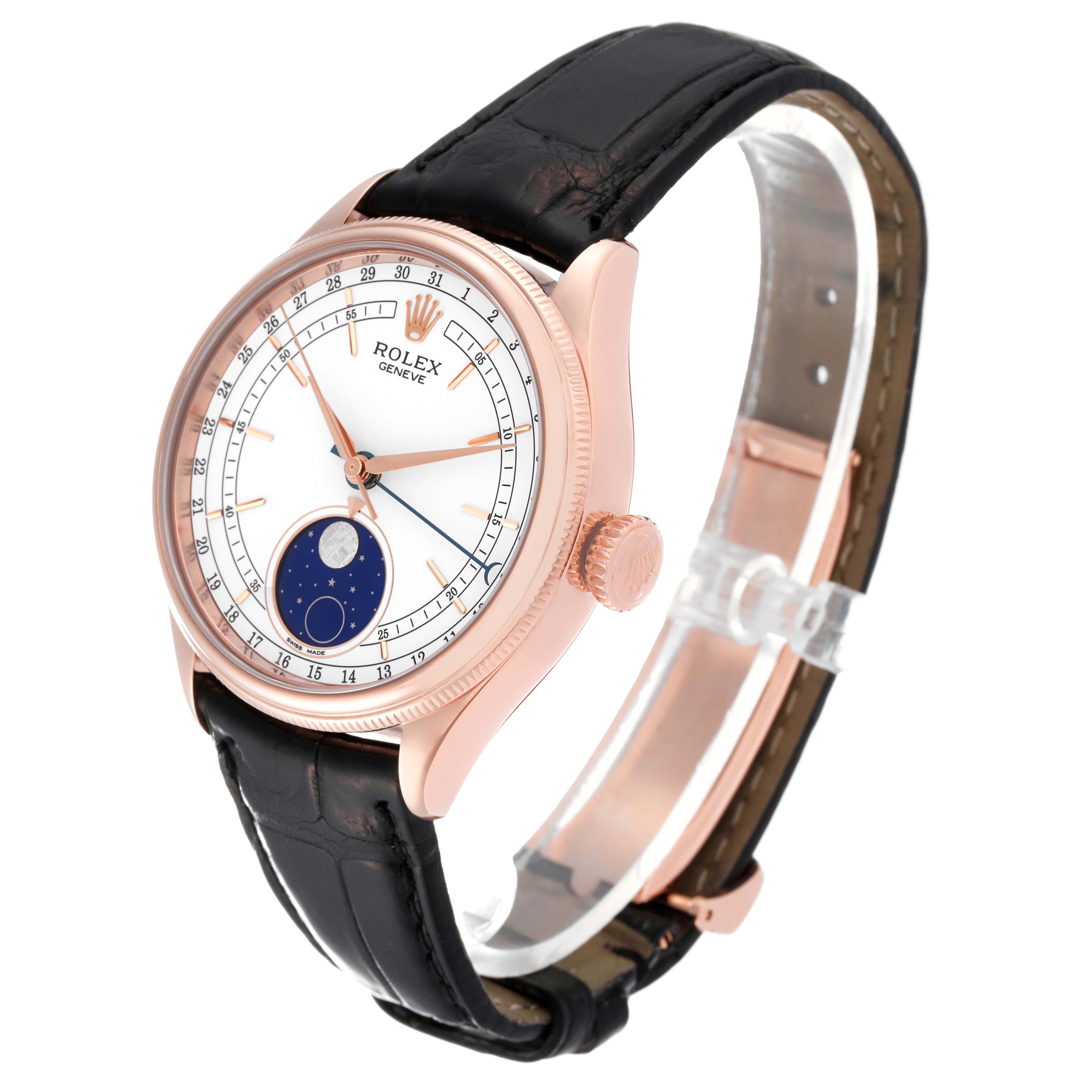 The Rolex Cellini 50535 Men's Rose Gold White Dial 50535 Men's Rose Gold White Dial watch is shown at a slight side angle, highlighting the face, bezel, crown, and black leather strap.