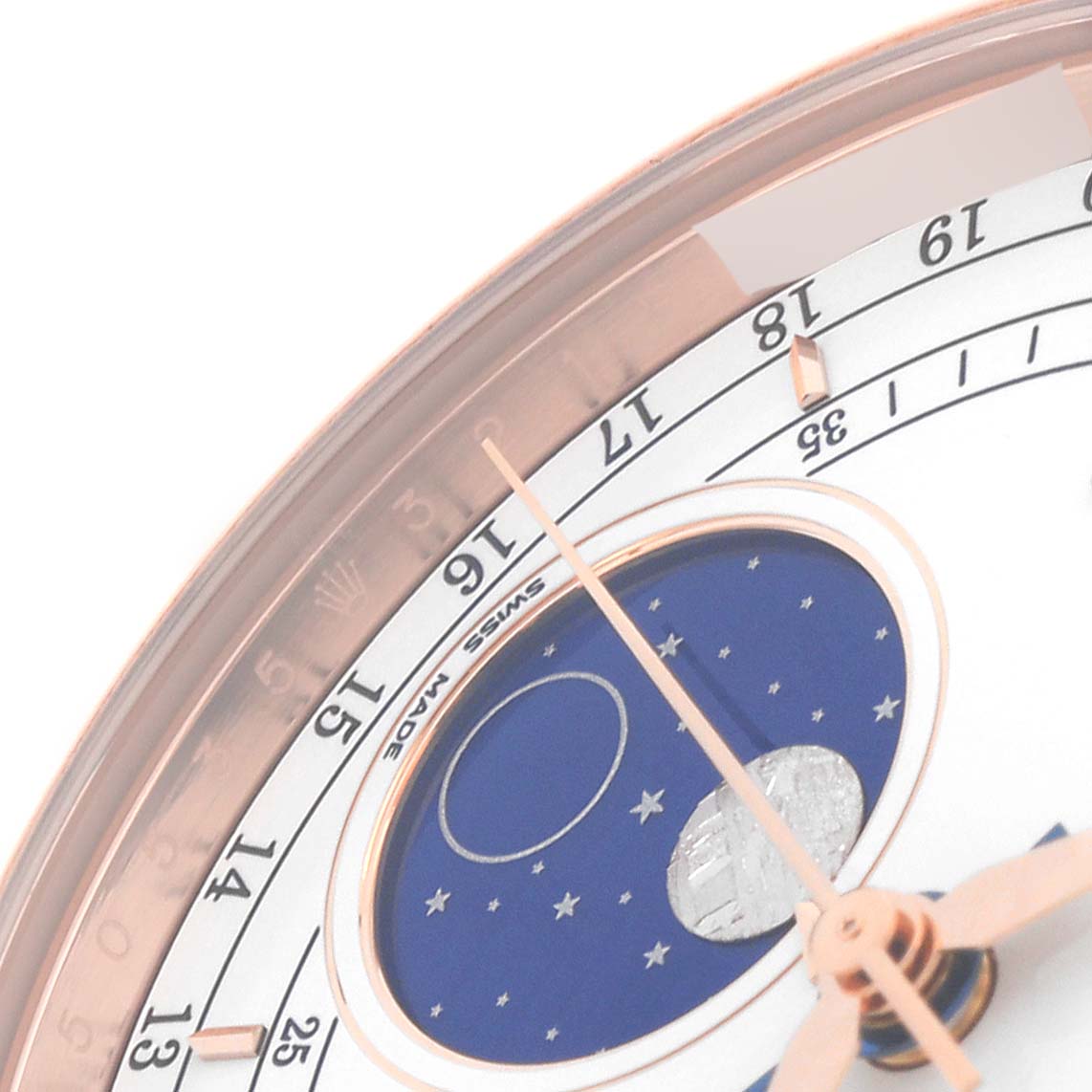 The image shows a close-up of the Rolex Cellini 50535 Men's Rose Gold White Dial 50535 Men's Rose Gold White Dial watch face, focusing on the moonphase and date indicators.