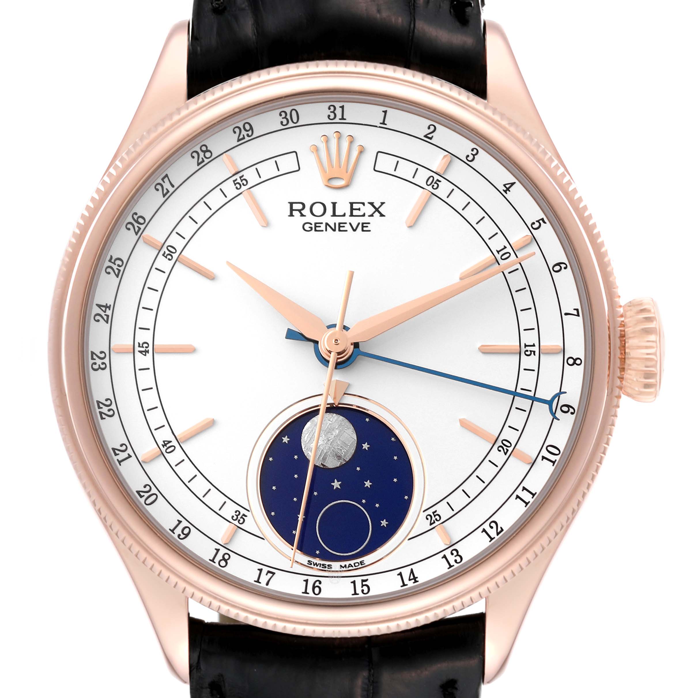 The image shows a frontal close-up view of a Rolex Cellini 50535 Men's Rose Gold White Dial 50535 Men's Rose Gold White Dial watch, highlighting its dial and crown.