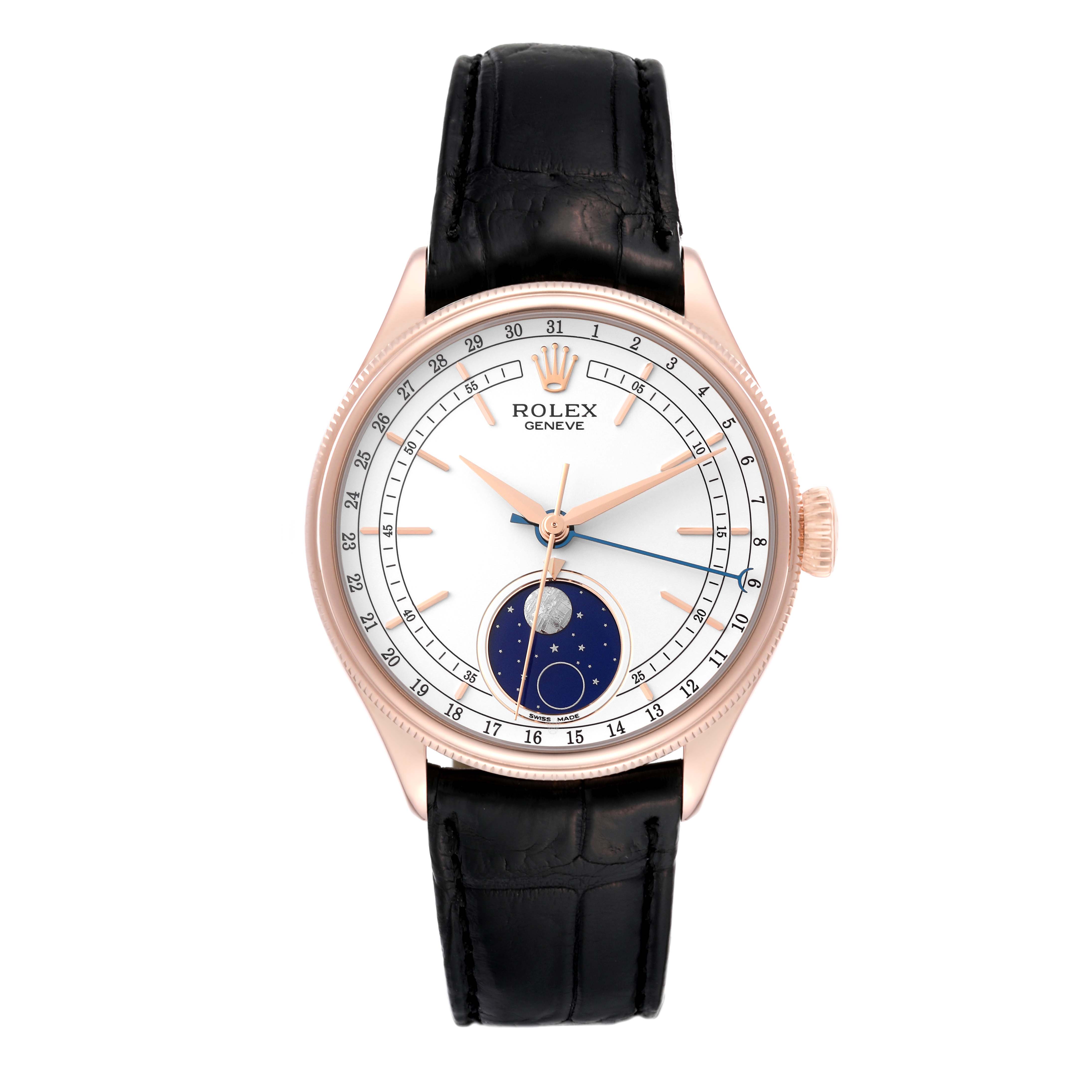 This is a front view of a Rolex Cellini 50535 Men's Rose Gold White Dial 50535 Men's Rose Gold White Dial watch showcasing the dial, hands, moon phase display, and leather strap.