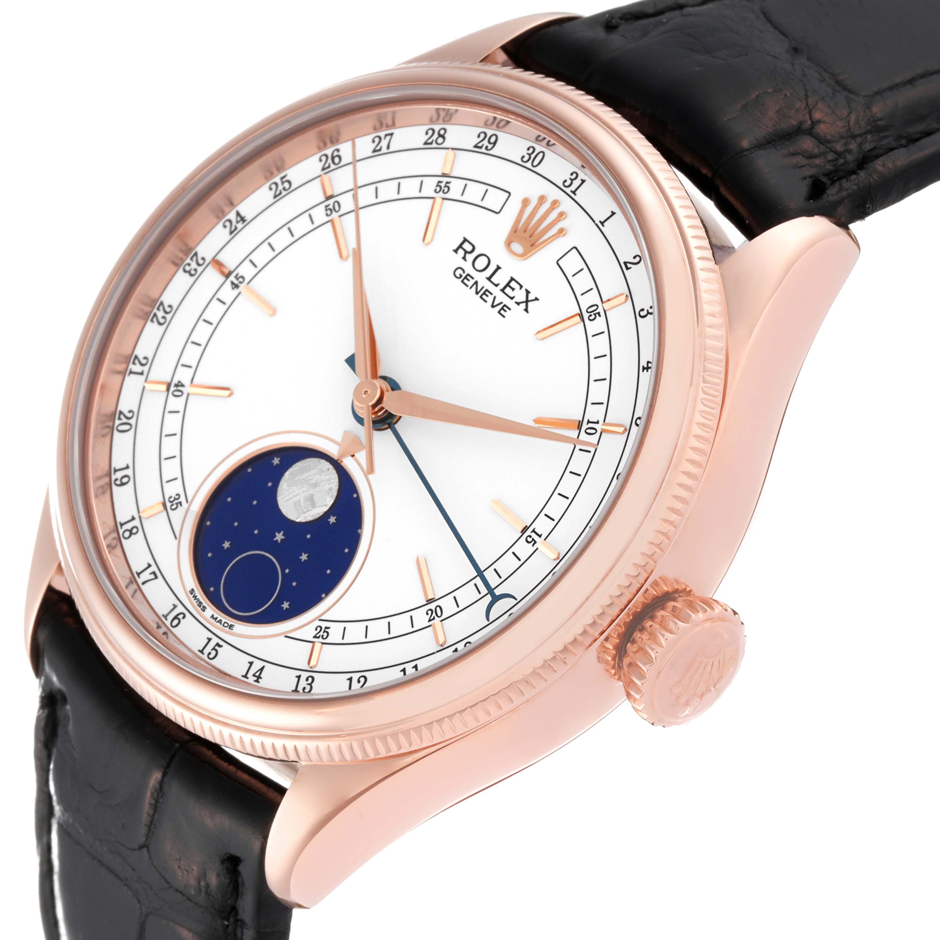 The Rolex Cellini 50535 Men's Rose Gold White Dial 50535 Men's Rose Gold White Dial watch is angled to show the side and face, including the crown, bezel, dial, hands, and strap.