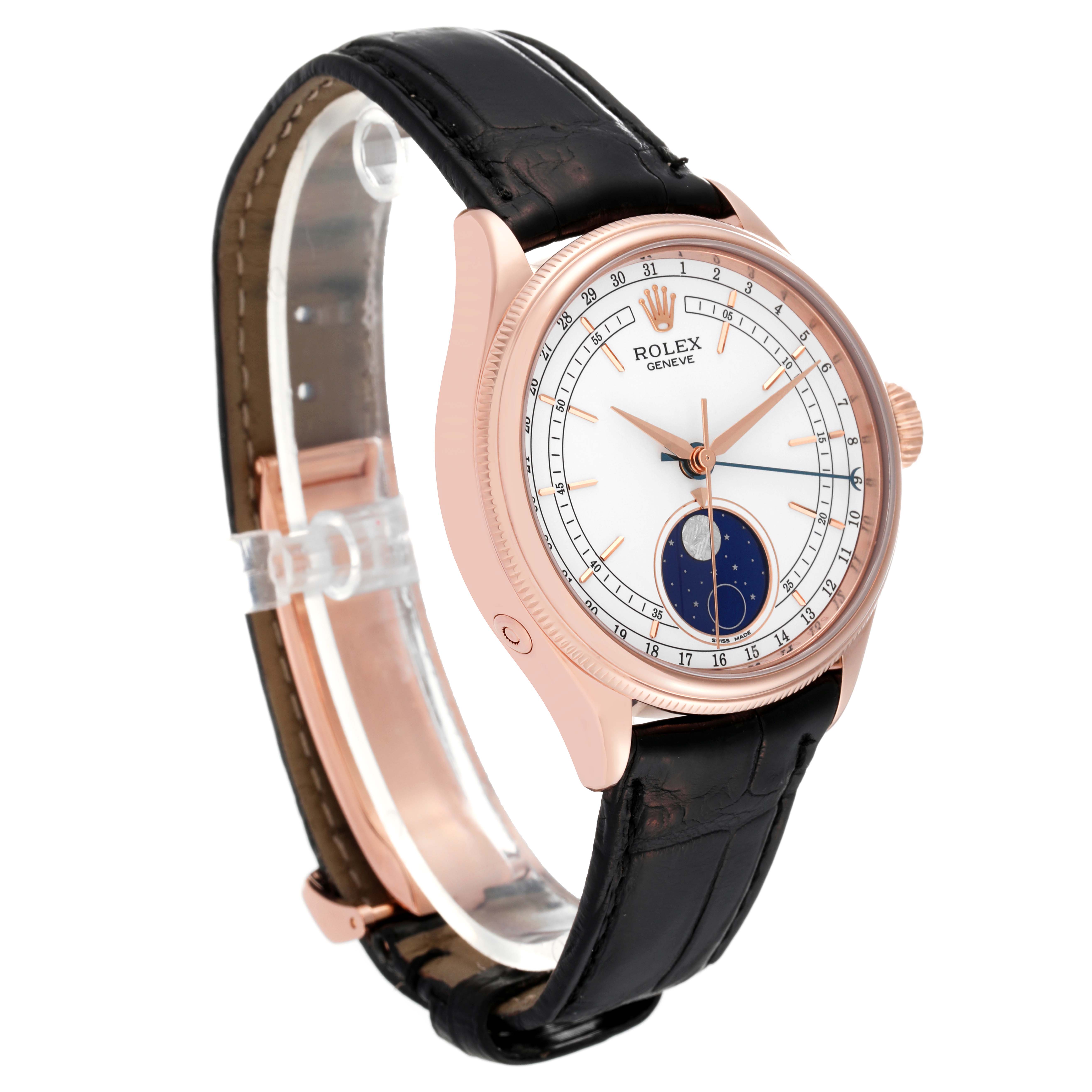 The image shows a Rolex Cellini 50535 Men's Rose Gold White Dial 50535 Men's Rose Gold White Dial watch at a three-quarter angle, displaying the face, bezel, lugs, leather strap, and crown.