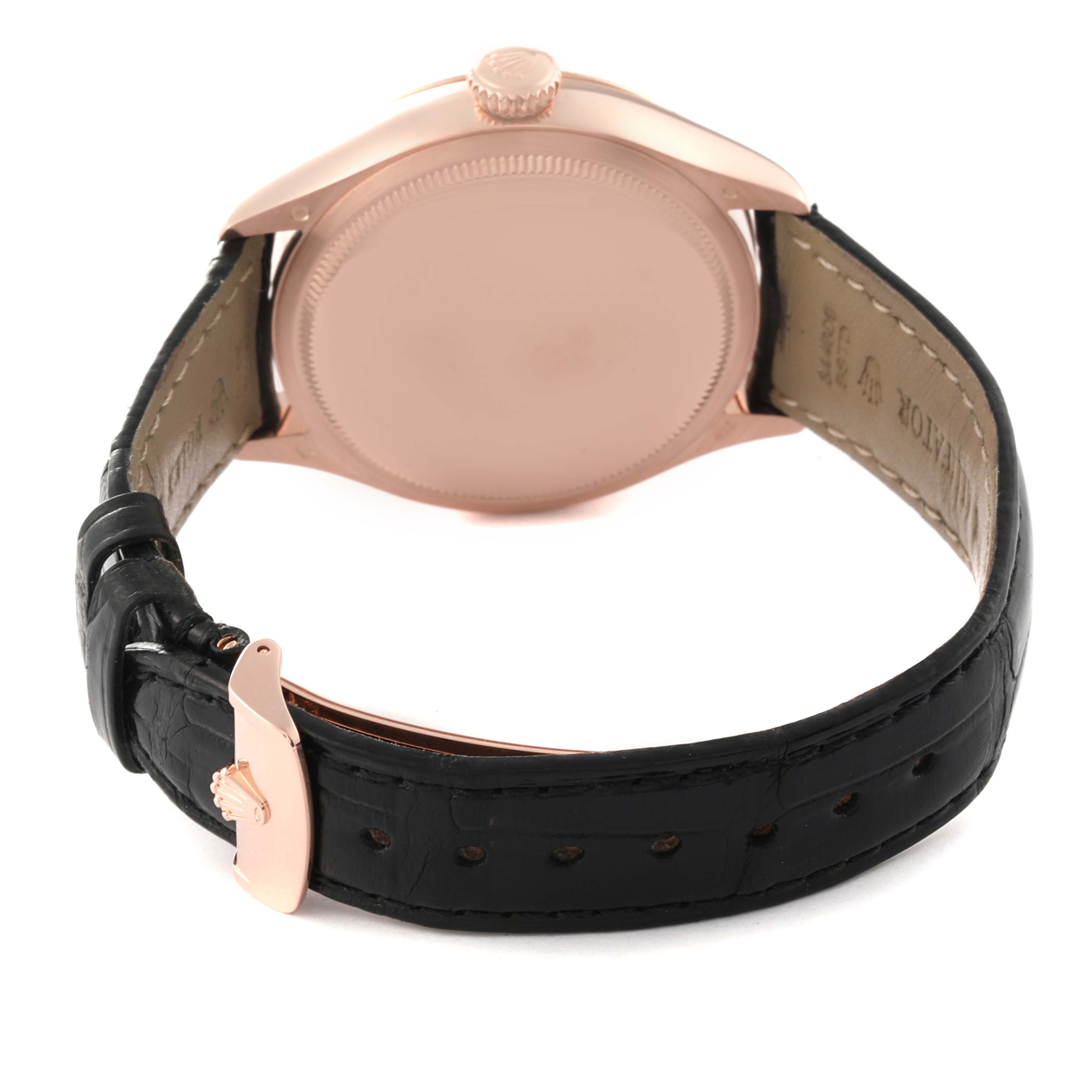 The image shows the backside and strap of a Rolex Cellini 50535 Men's Rose Gold White Dial 50535 Men's Rose Gold White Dial watch, highlighting the clasp and case back from a rear angle.