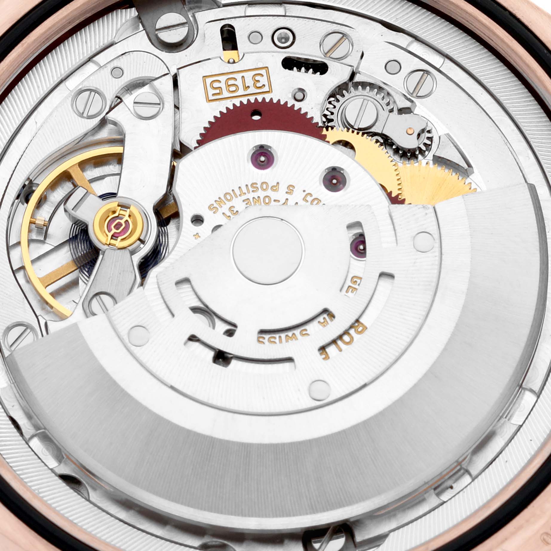This image shows a close-up view of the movement mechanism of a Rolex Cellini 50535 Men's Rose Gold White Dial 50535 Men's Rose Gold White Dial watch.