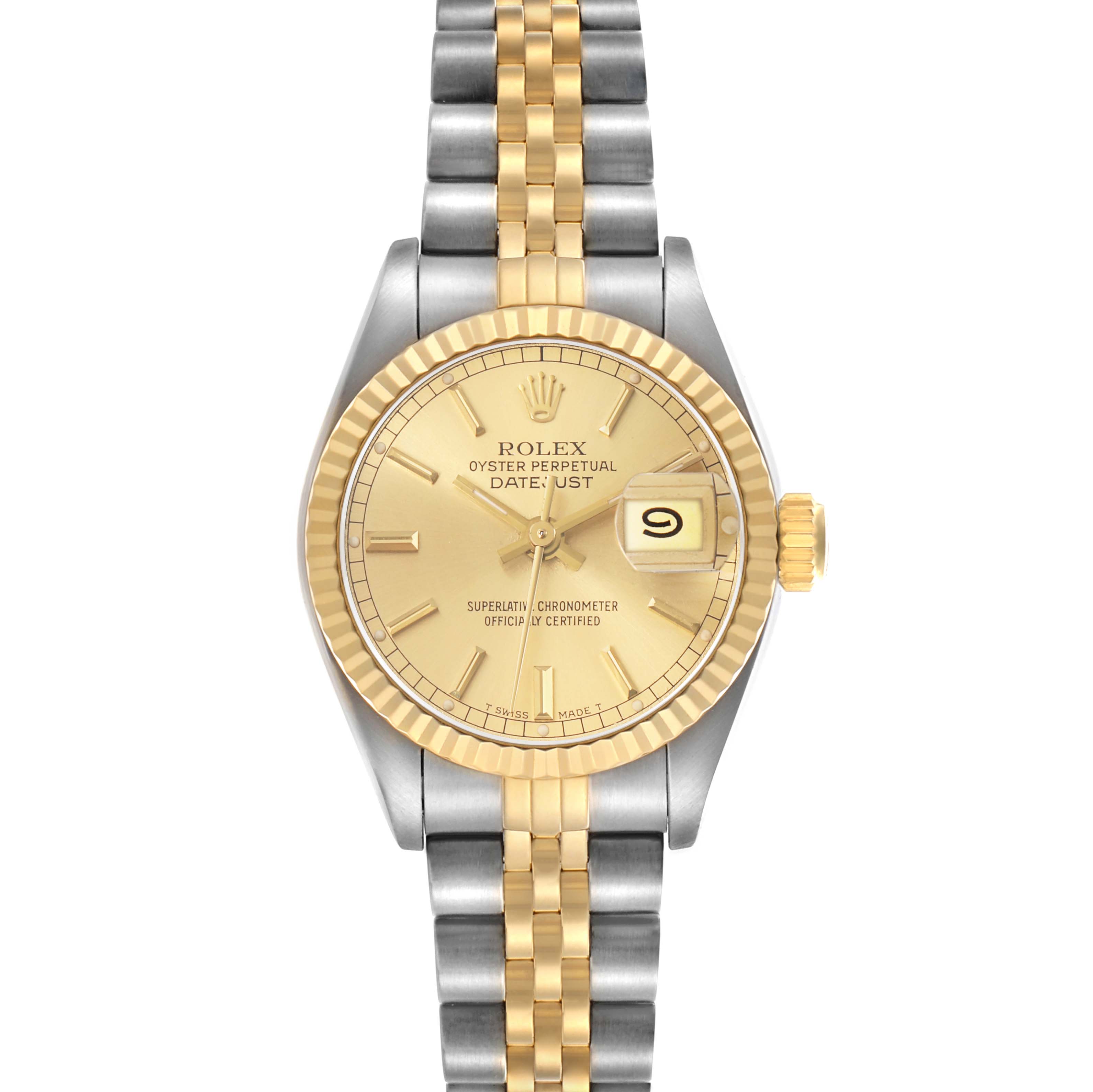 The Rolex Datejust 69173 Women's Stainless Steel Champagne Dial watch is shown from a top-down angle, highlighting the dial, bezel, and bracelet.