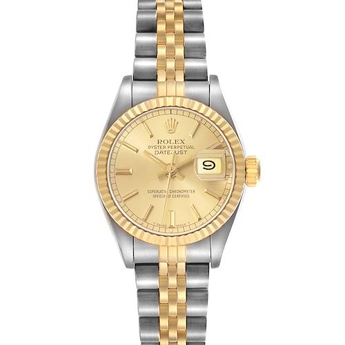 The Rolex Datejust 69173 Women's Stainless Steel Champagne Dial watch is shown from a top-down angle, highlighting its gold face, fluted bezel, and two-tone bracelet.