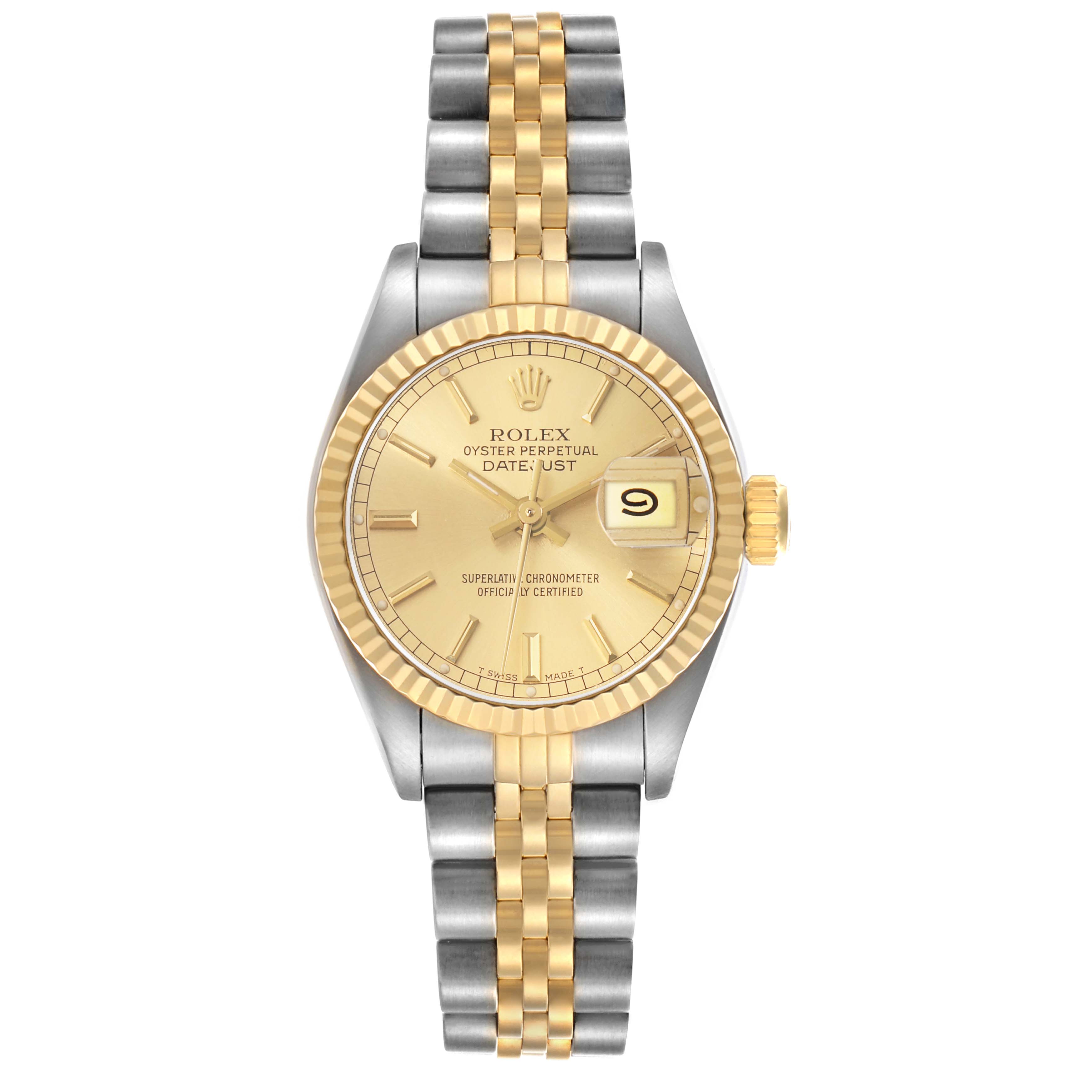 The Rolex Datejust 69173 Women's Stainless Steel Champagne Dial watch is shown from a top-down angle, highlighting the dial, fluted bezel, and two-tone bracelet.