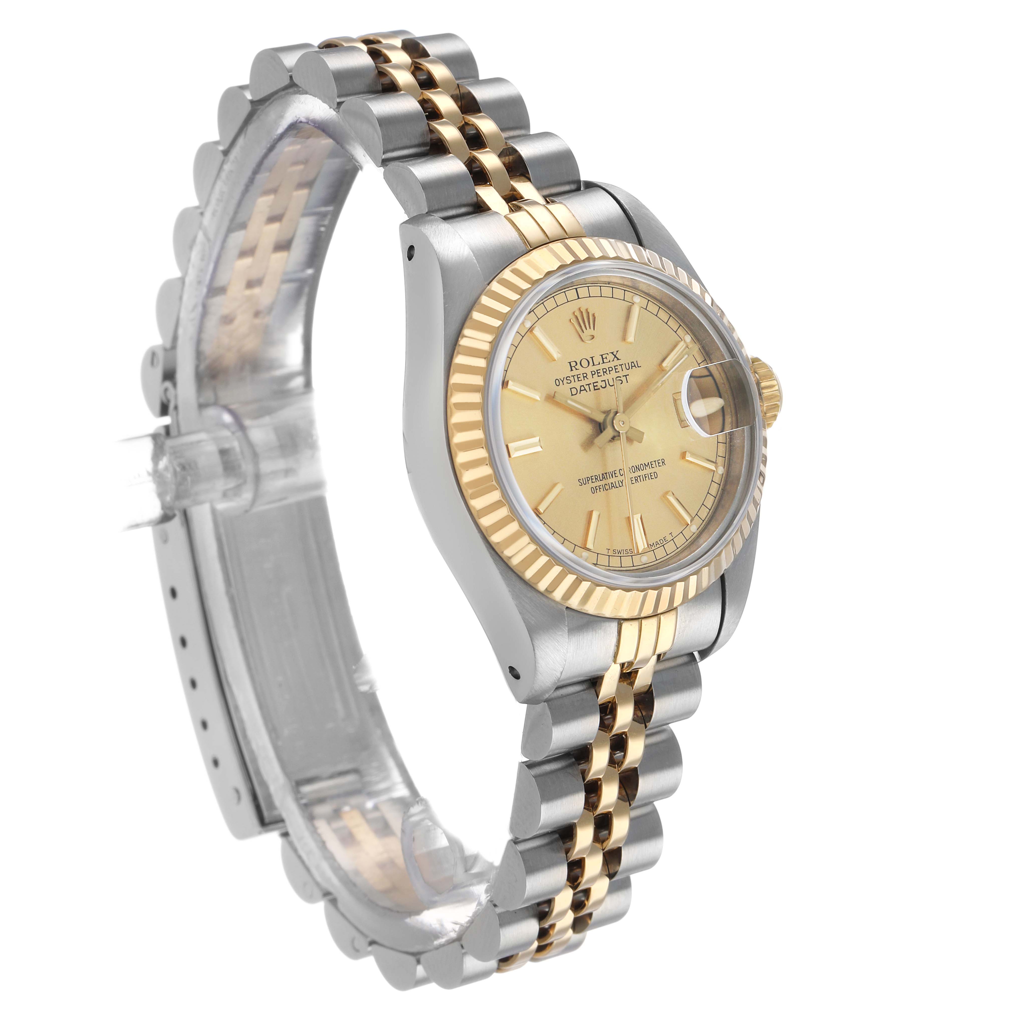 The Rolex Datejust 69173 Women's Stainless Steel Champagne Dial watch is shown at a slight angle, displaying the face, bezel, and part of the two-tone bracelet.