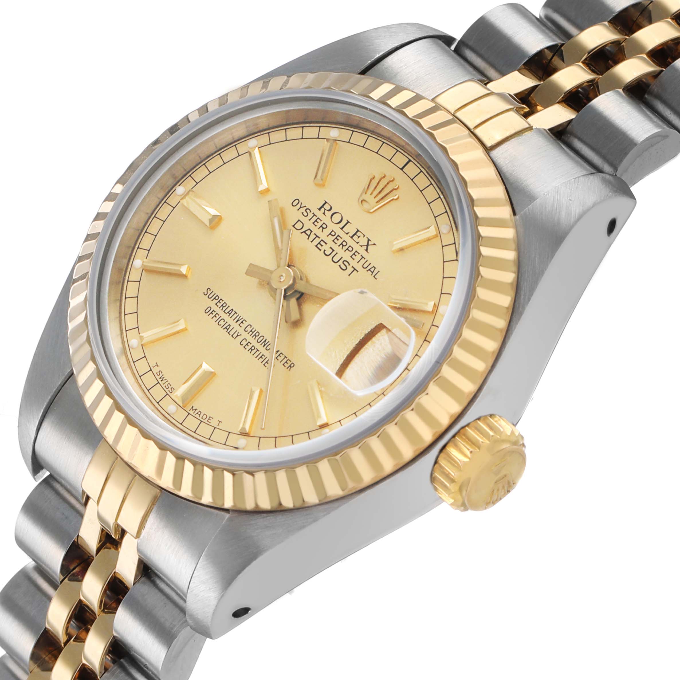 The Rolex Datejust 69173 Women's Stainless Steel Champagne Dial watch is shown at a slight angle, highlighting its face, bezel, crown, and two-tone bracelet.