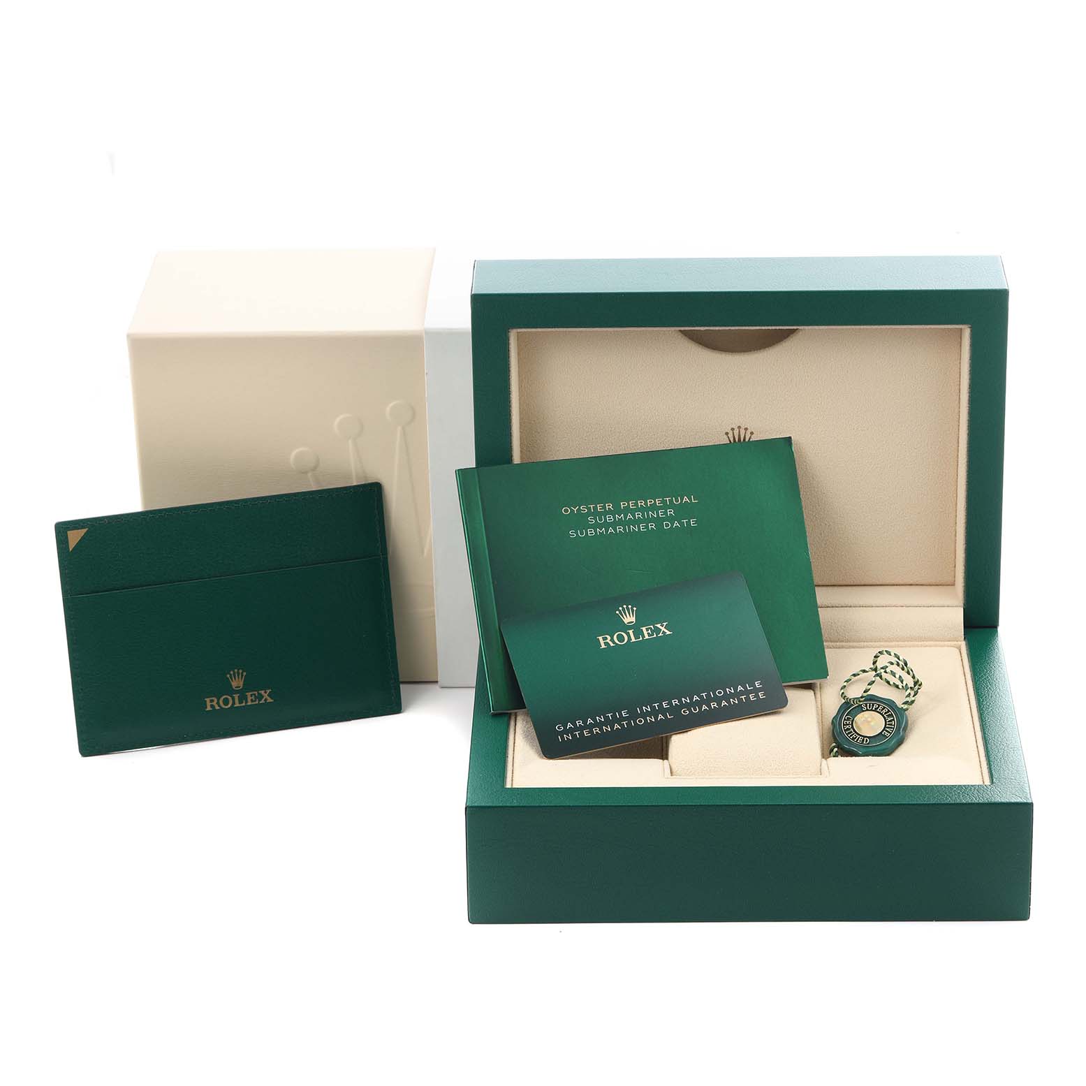 The image shows the Rolex Mid-Size 178274 Women's Stainless Steel Silver Dial 178274 Women's Stainless Steel Silver Dial model's packaging, manuals, and a warranty card, but the watch itself is not visible.