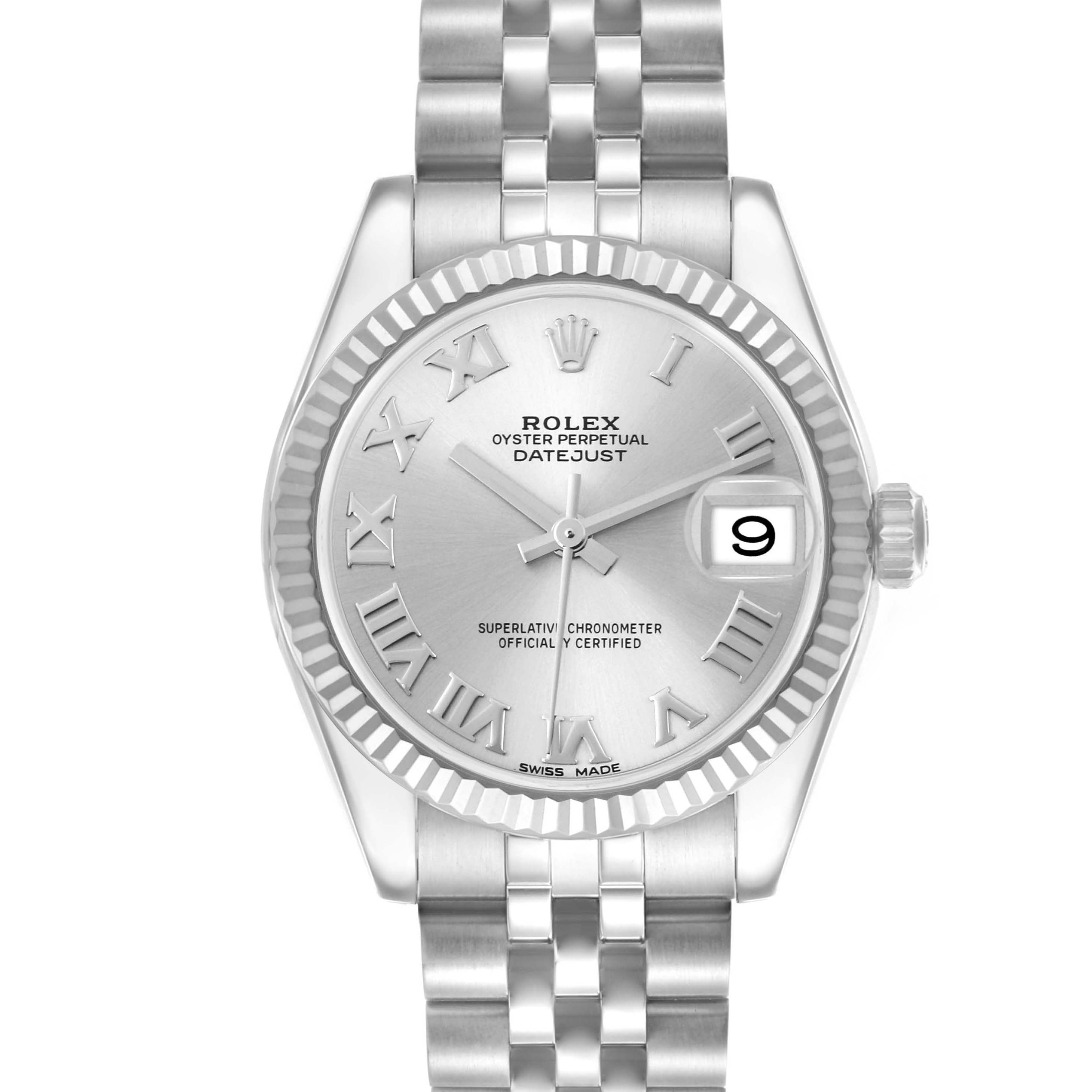 The image shows a frontal view of a Rolex Datejust Mid-Size watch, displaying the dial, hands, date, and bracelet.