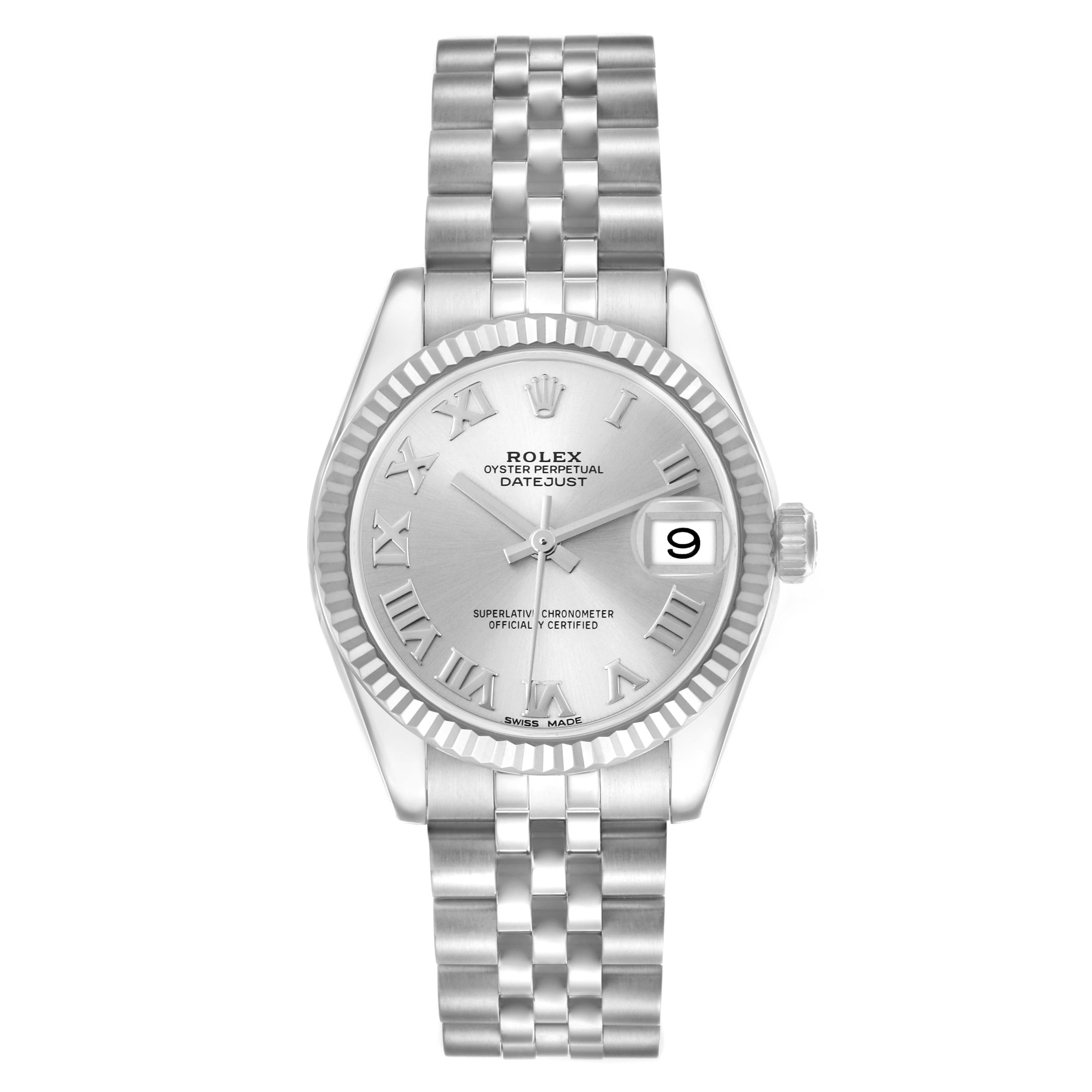The Rolex Mid-Size 178274 Women's Stainless Steel Silver Dial 178274 Women's Stainless Steel Silver Dial watch is shown from a top-down angle, displaying the face, bezel, and full bracelet.