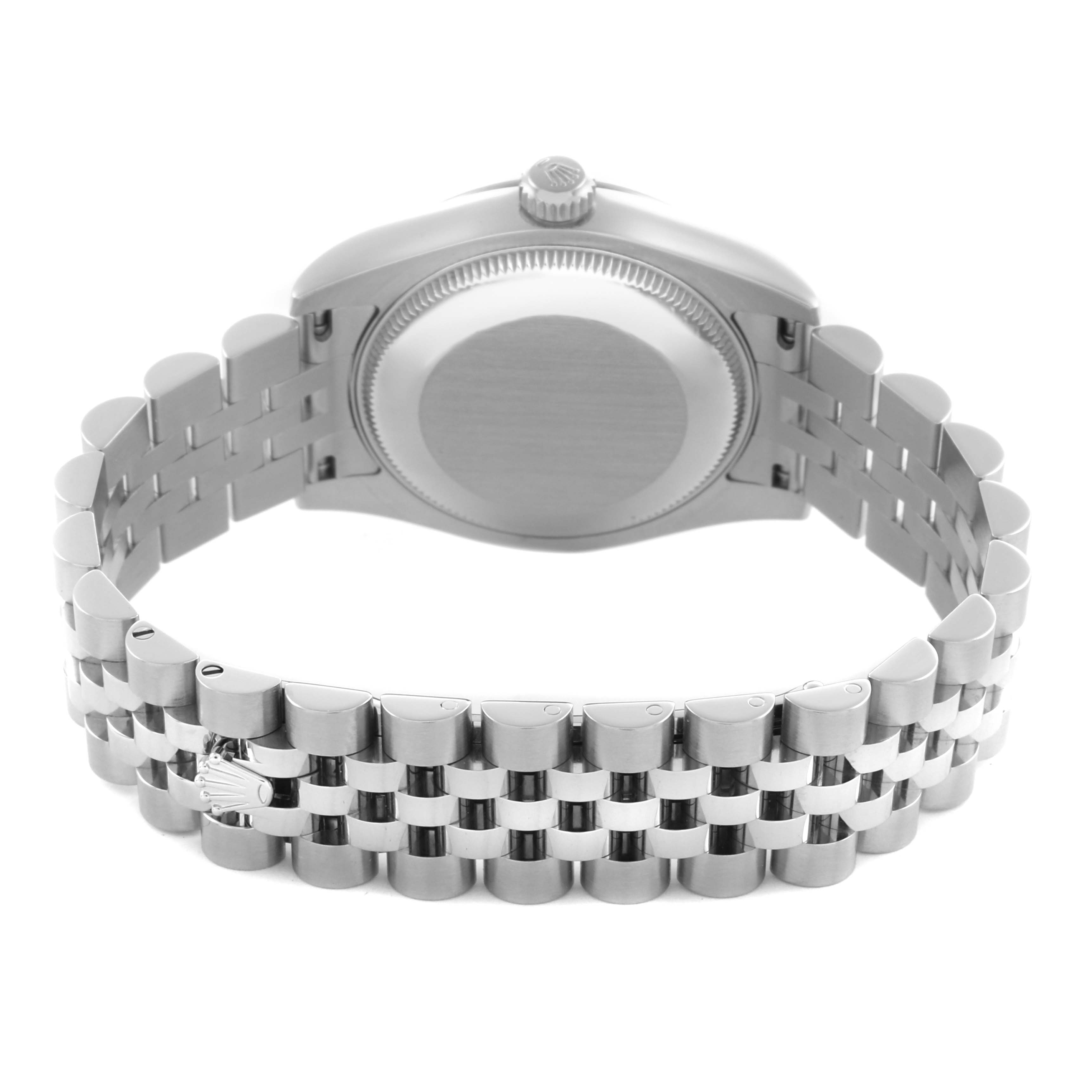 The image shows the back and bracelet of a Rolex Mid-Size 178274 Women's Stainless Steel Silver Dial 178274 Women's Stainless Steel Silver Dial watch, focusing on the case back and Jubilee-style bracelet.