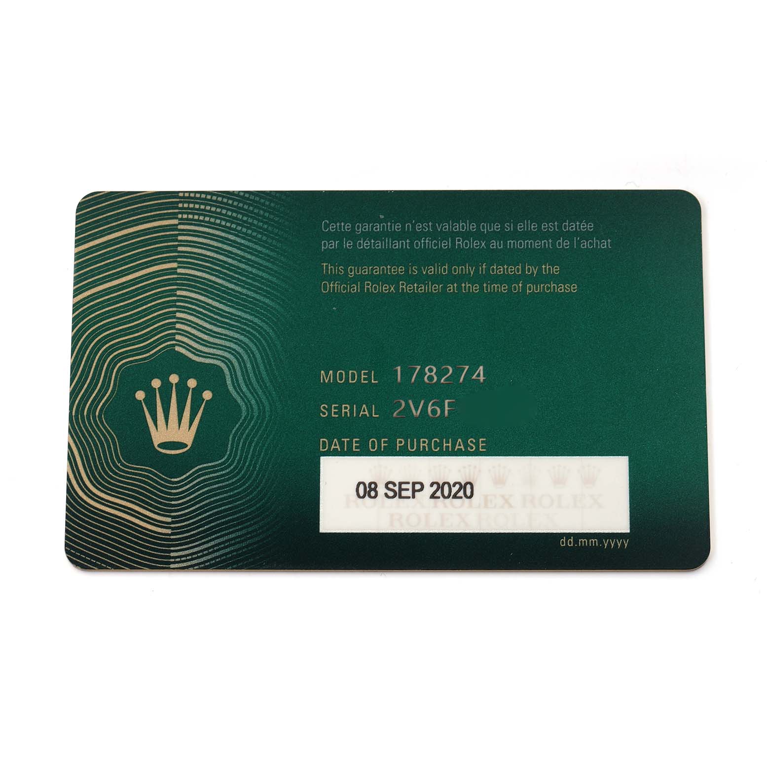 The image shows a warranty card for a Mid-Size Rolex, model 178274, displaying model, serial number, and purchase date.