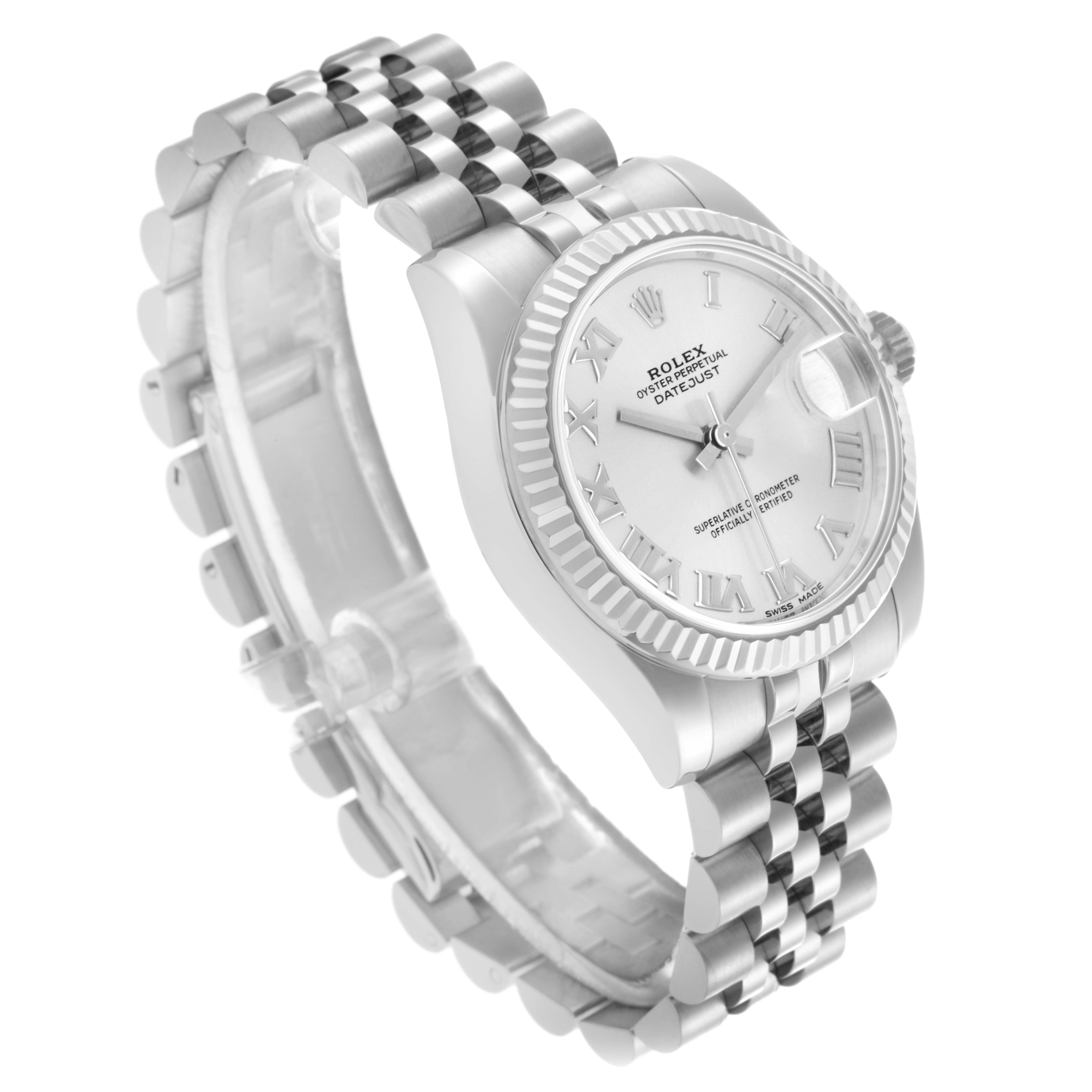 The Rolex Mid-Size 178274 Women's Stainless Steel Silver Dial 178274 Women's Stainless Steel Silver Dial model is angled to show the face, bezel, crown, and bracelet.