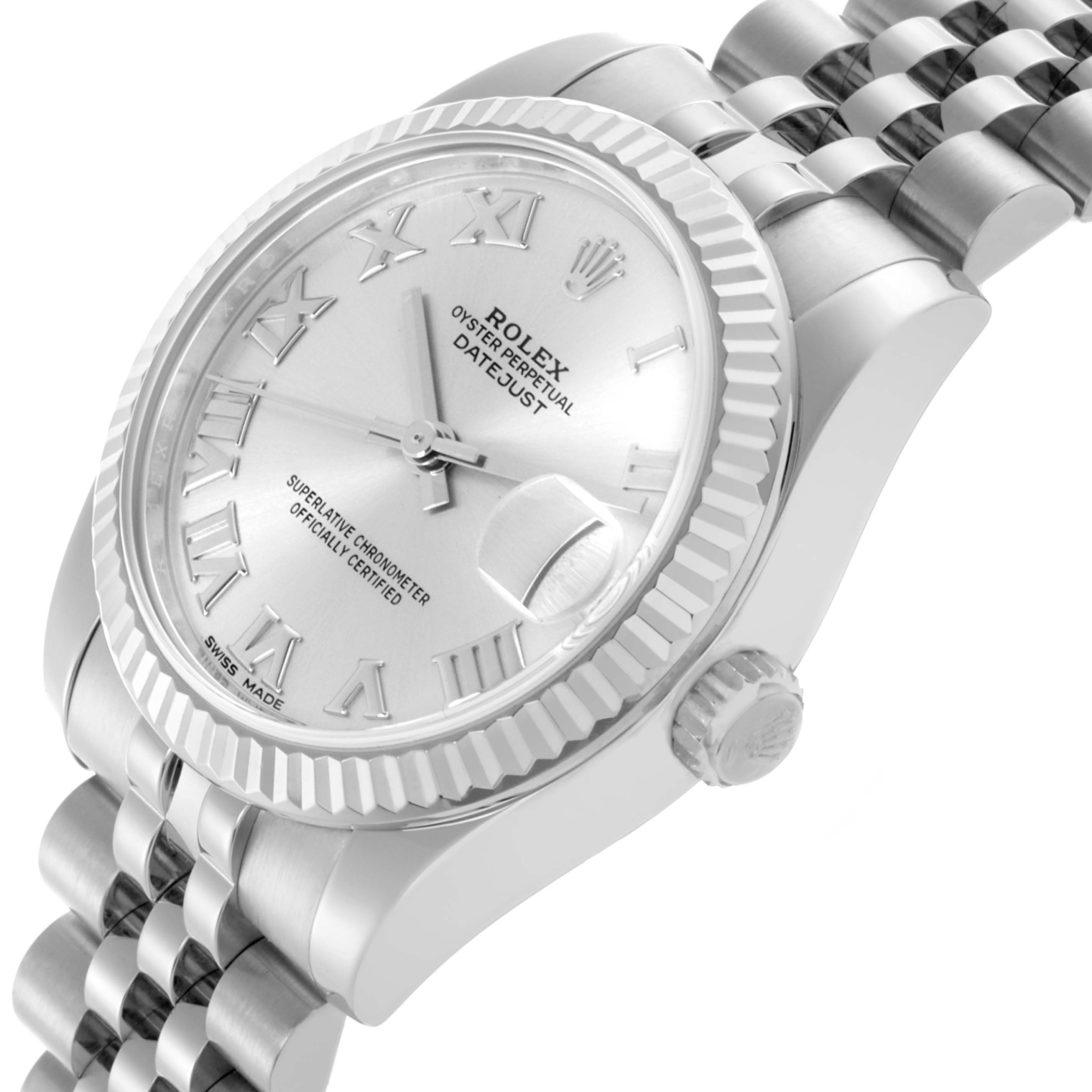 The Rolex Mid-Size 178274 Women's Stainless Steel Silver Dial 178274 Women's Stainless Steel Silver Dial watch is shown at a three-quarter angle, displaying the dial, bezel, crown, and part of the bracelet.