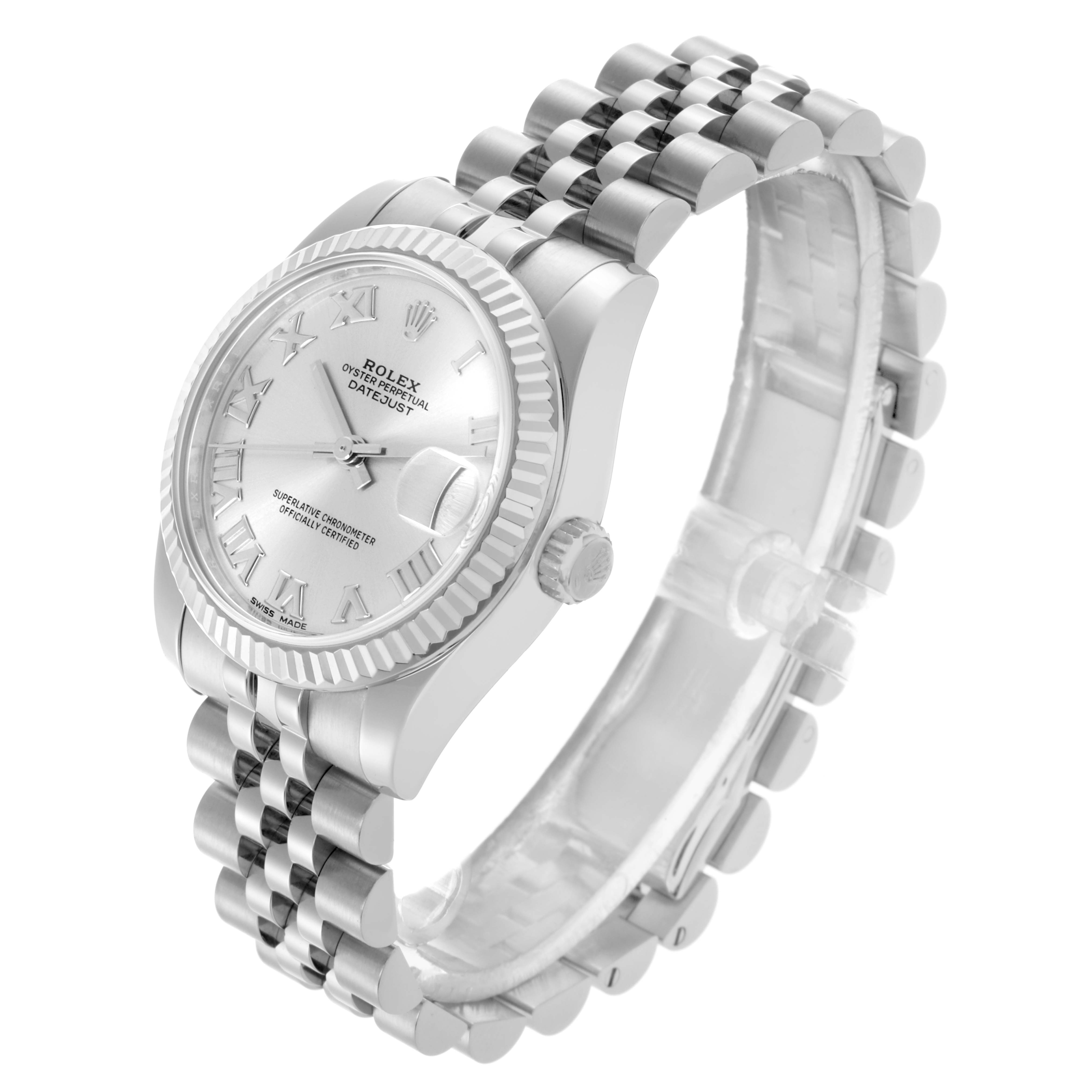 The Rolex Mid-Size 178274 Women's Stainless Steel Silver Dial 178274 Women's Stainless Steel Silver Dial watch is shown from a front-side angle, displaying the face, bezel, crown, and bracelet.