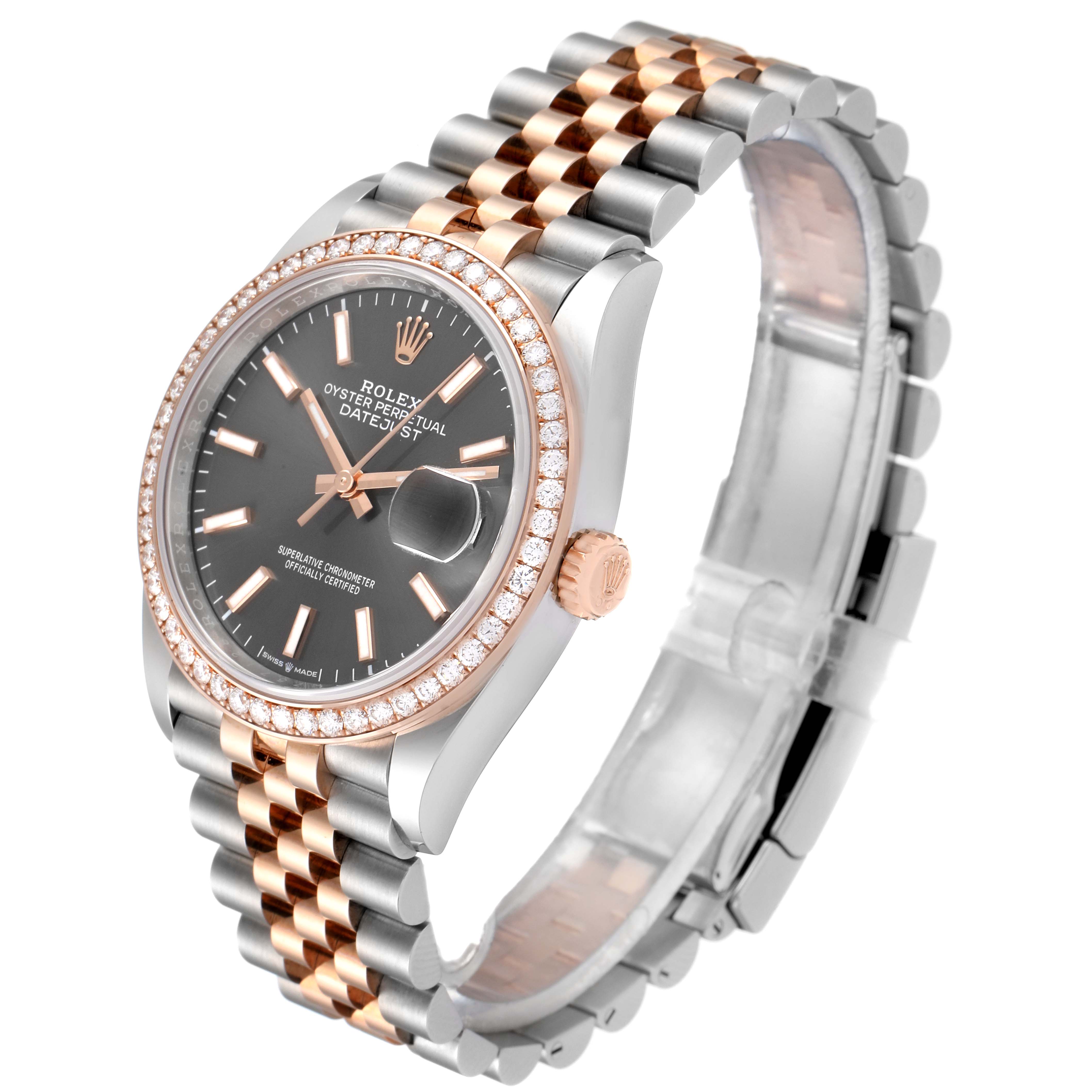 The image shows a Rolex Datejust 126281 Men
s Steel and Gold (two tone) Grey Dial 126281 Men
s Steel and Gold (two tone) Grey Dial watch from an angled side view, highlighting the dial, bezel, bracelet, and crown.