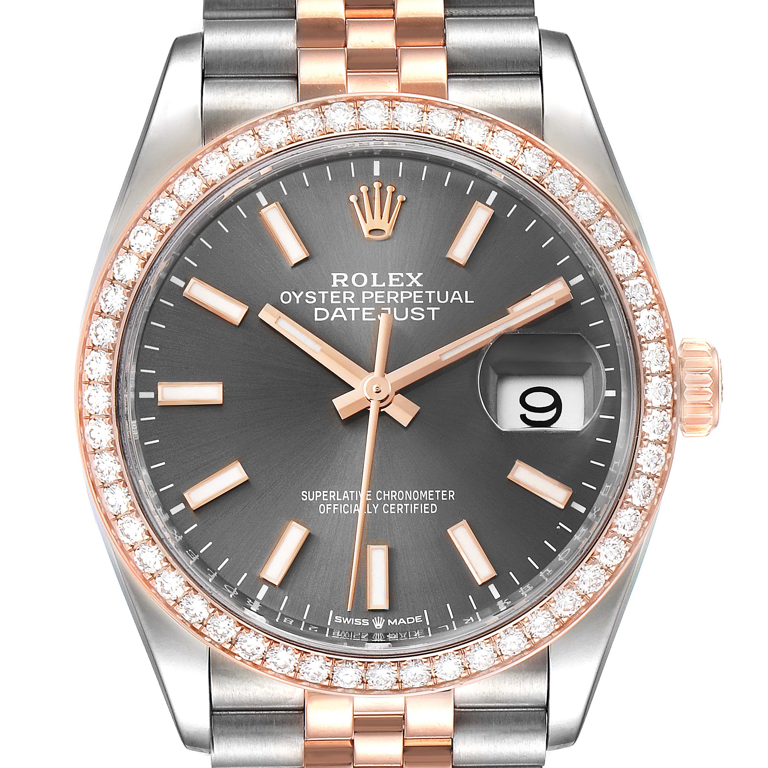 This image shows a front view of a Rolex Datejust 126281 Men
s Steel and Gold (two tone) Grey Dial 126281 Men
s Steel and Gold (two tone) Grey Dial watch, highlighting the dial, bezel, and part of the bracelet.