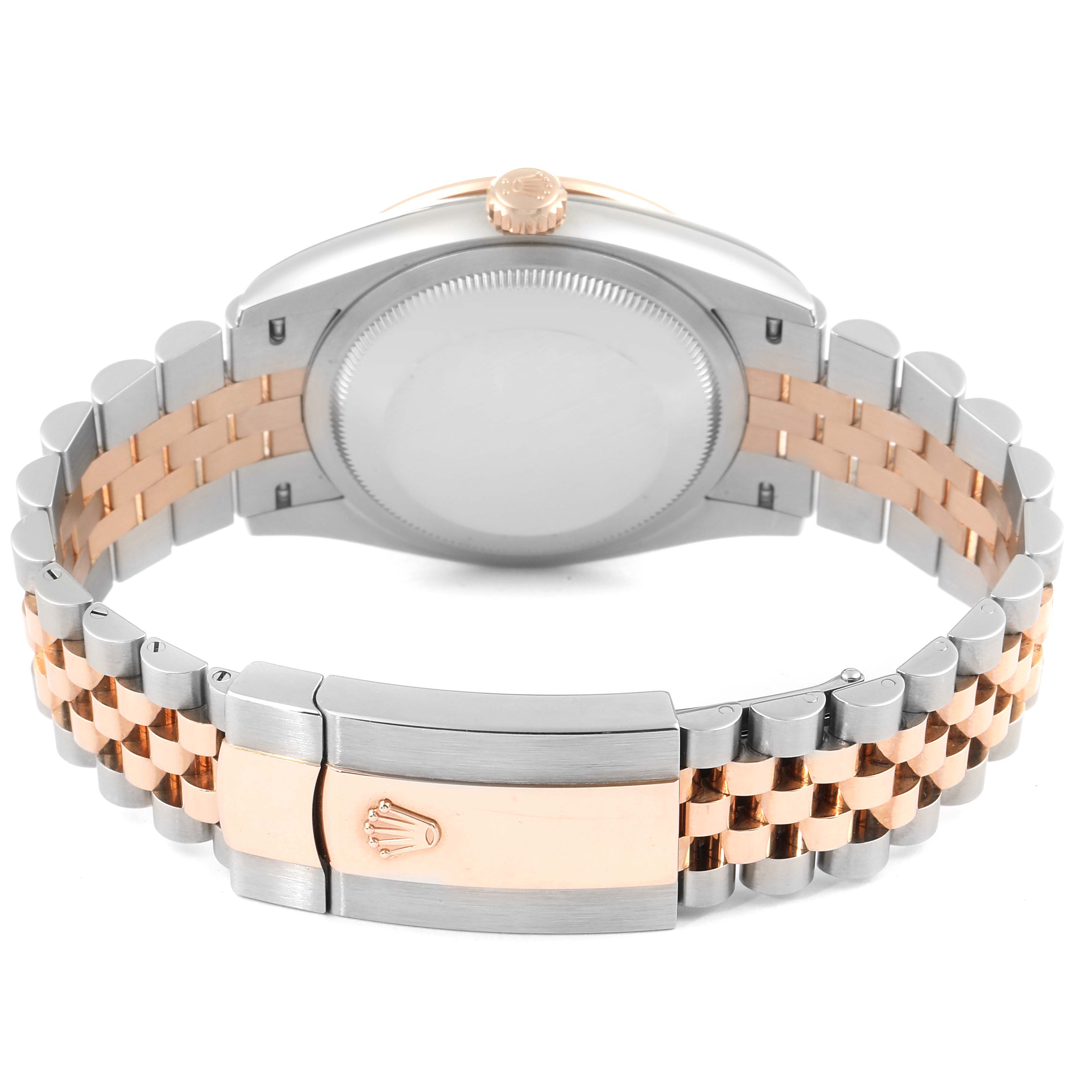 The image shows the back view of a Rolex Datejust 126281 Men
s Steel and Gold (two tone) Grey Dial 126281 Men
s Steel and Gold (two tone) Grey Dial watch with a two-tone bracelet and clasp.