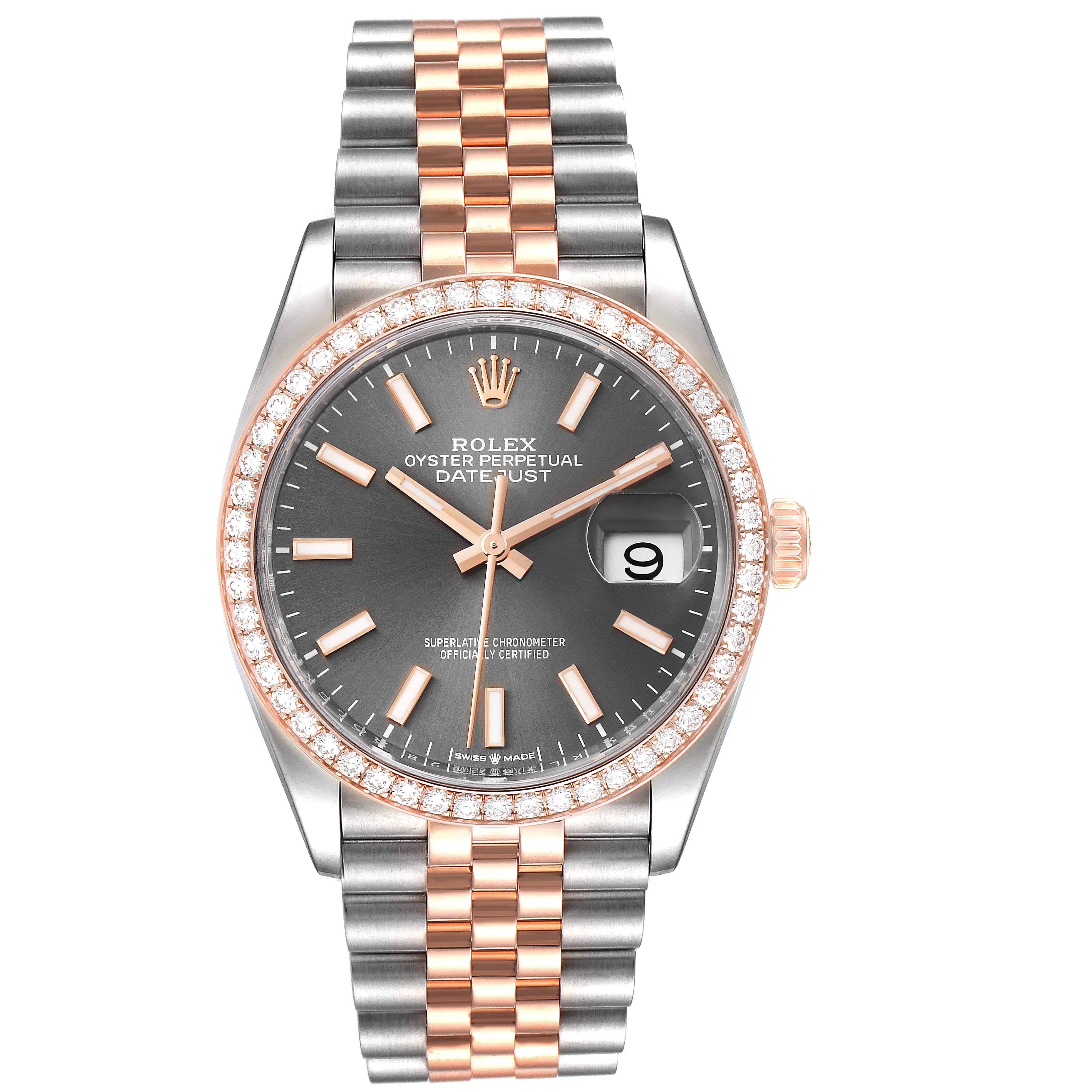 The image shows a front view of a Rolex Datejust 126281 Men
s Steel and Gold (two tone) Grey Dial 126281 Men
s Steel and Gold (two tone) Grey Dial watch with a two-tone bracelet and diamond bezel.