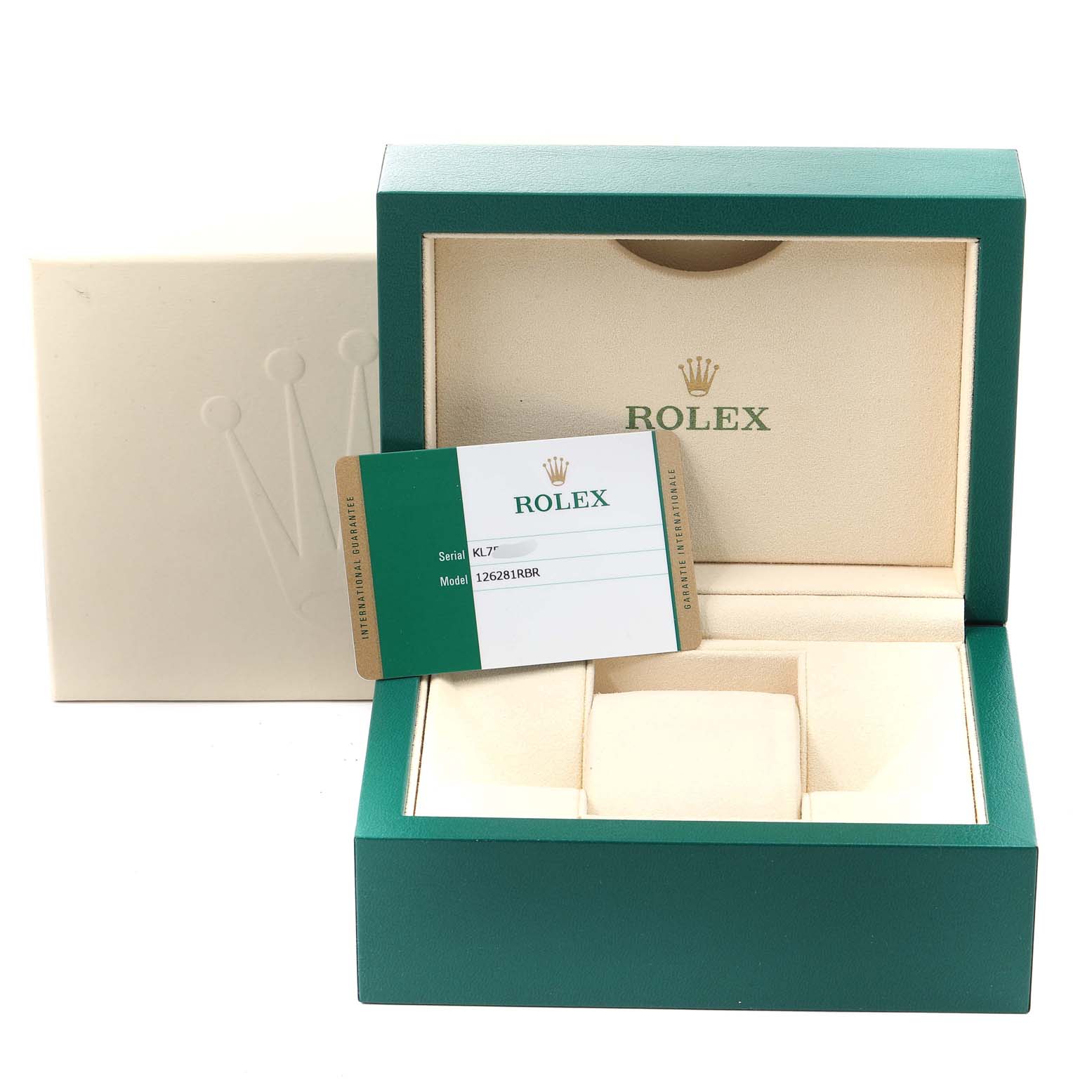 The image shows the open packaging box and certification card for a Rolex Datejust 126281 Men
s Steel and Gold (two tone) Grey Dial 126281 Men
s Steel and Gold (two tone) Grey Dial model.