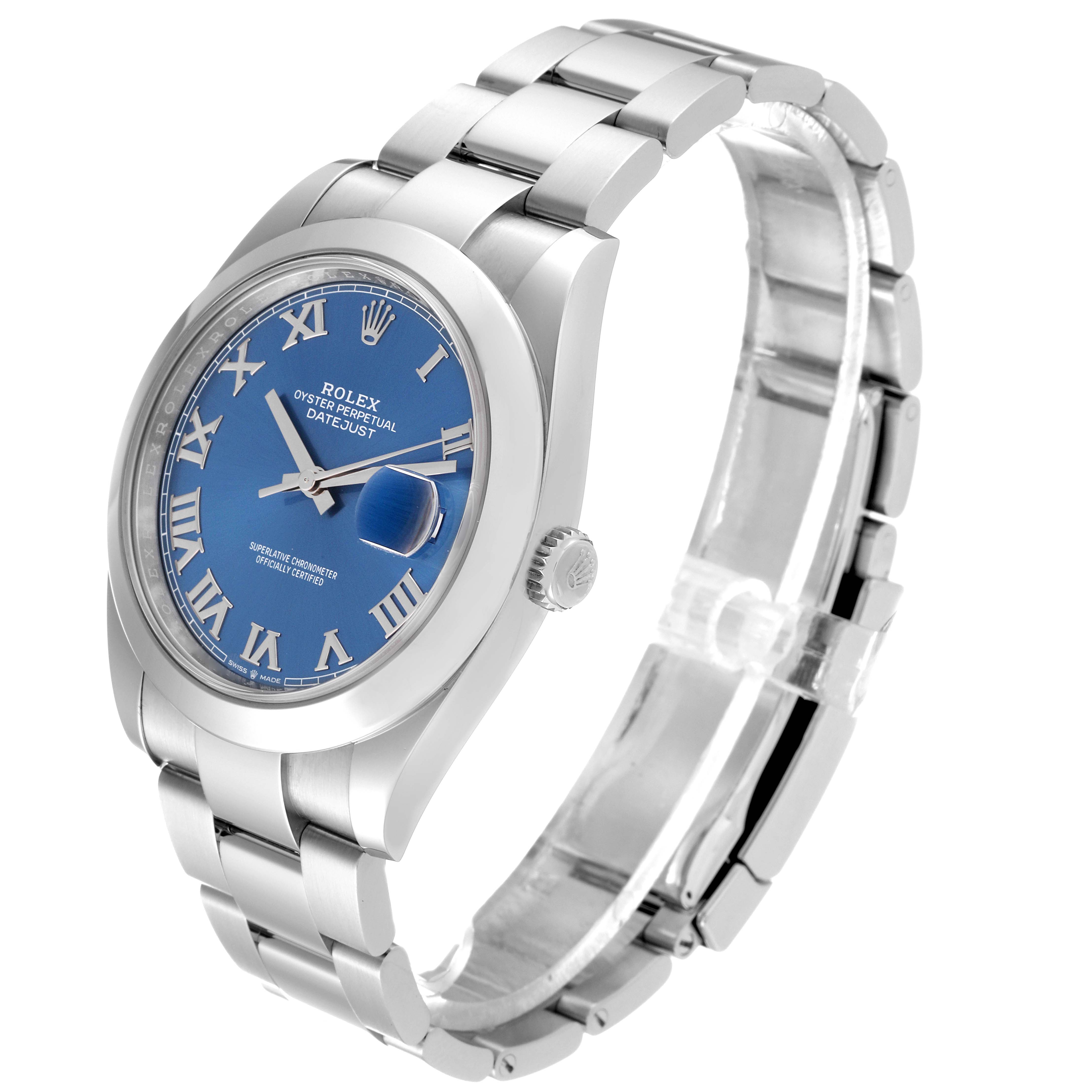 The image shows a Rolex Datejust 41 126300 Men
s Stainless Steel Blue Dial 126300 Men
s Stainless Steel Blue Dial watch at a slight side angle, displaying its blue dial, bracelet, and winding crown.