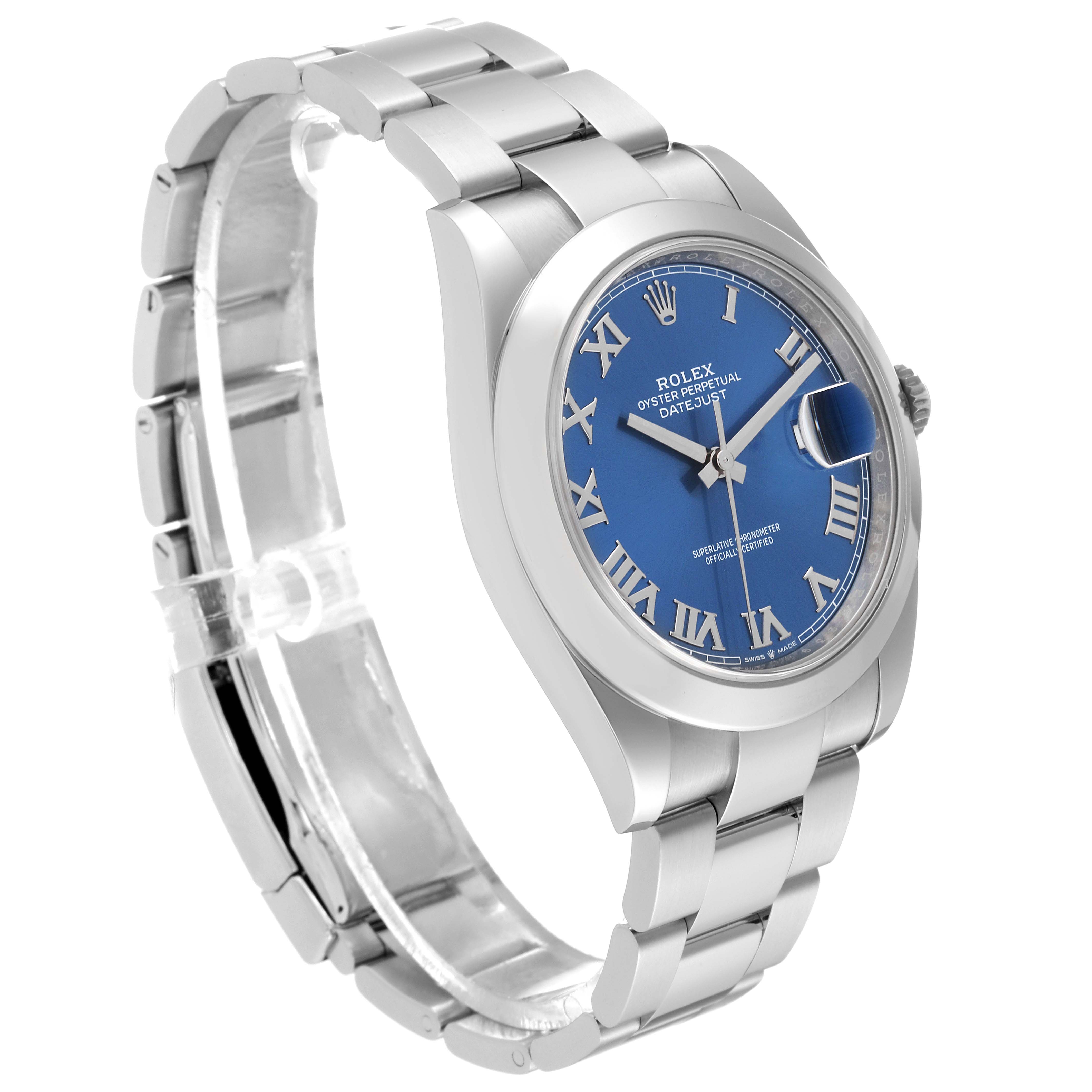 The Rolex Datejust 41 126300 Men
s Stainless Steel Blue Dial 126300 Men
s Stainless Steel Blue Dial model watch is shown at a slight angle showcasing its blue dial, bezel, and bracelet.