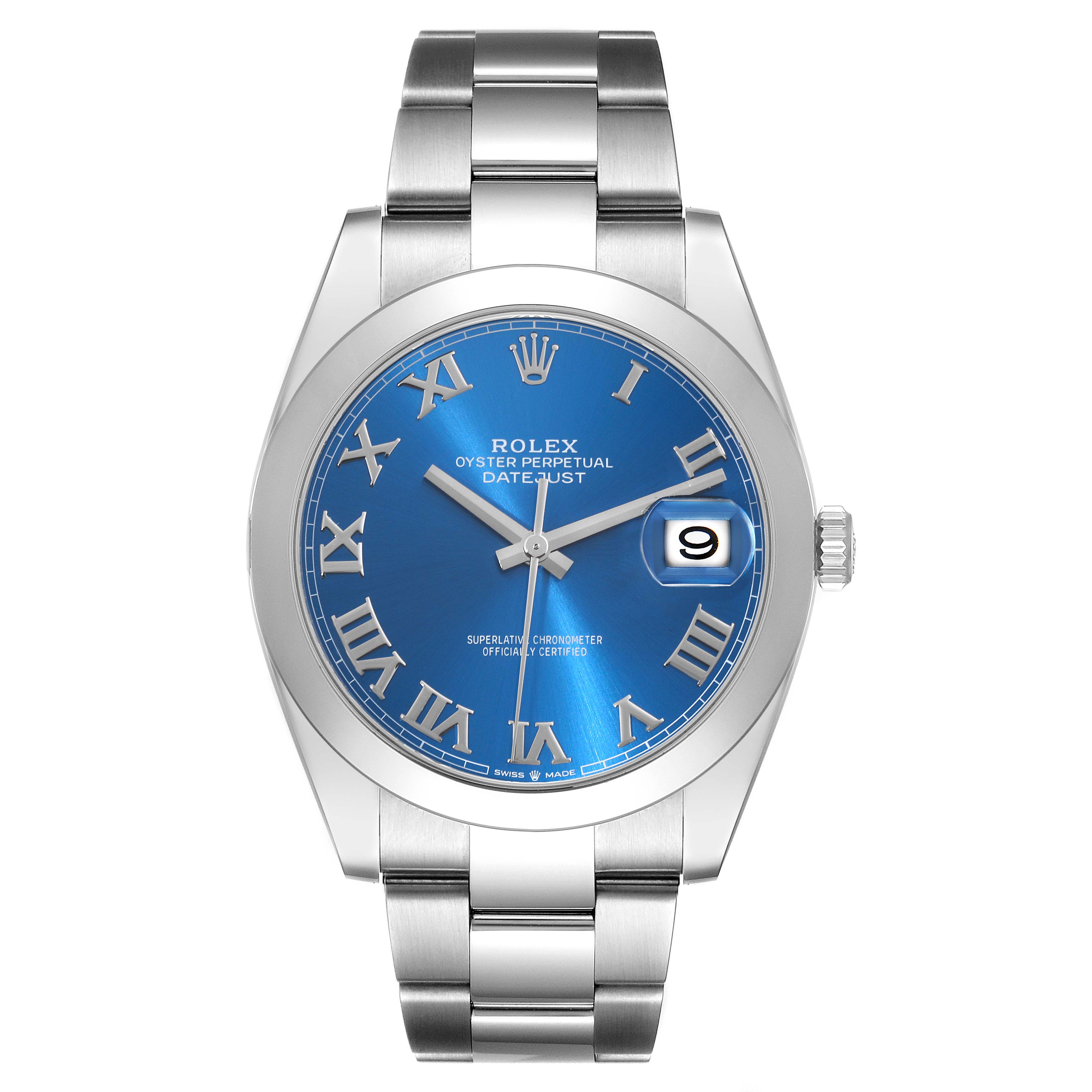 This image shows a front view of the Rolex Datejust 41 126300 Men
s Stainless Steel Blue Dial 126300 Men
s Stainless Steel Blue Dial watch, displaying its blue dial, Roman numerals, and metal bracelet.