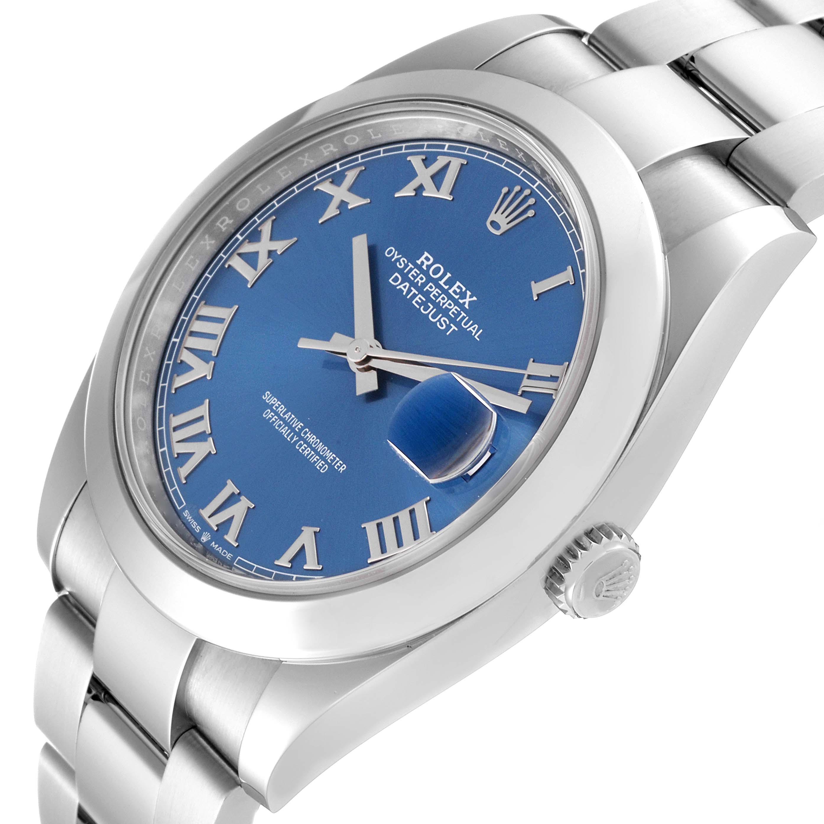 This image shows a Rolex Datejust 41 126300 Men
s Stainless Steel Blue Dial 126300 Men
s Stainless Steel Blue Dial model watch from a front-side angle, featuring a blue dial with Roman numerals and partial bracelet.