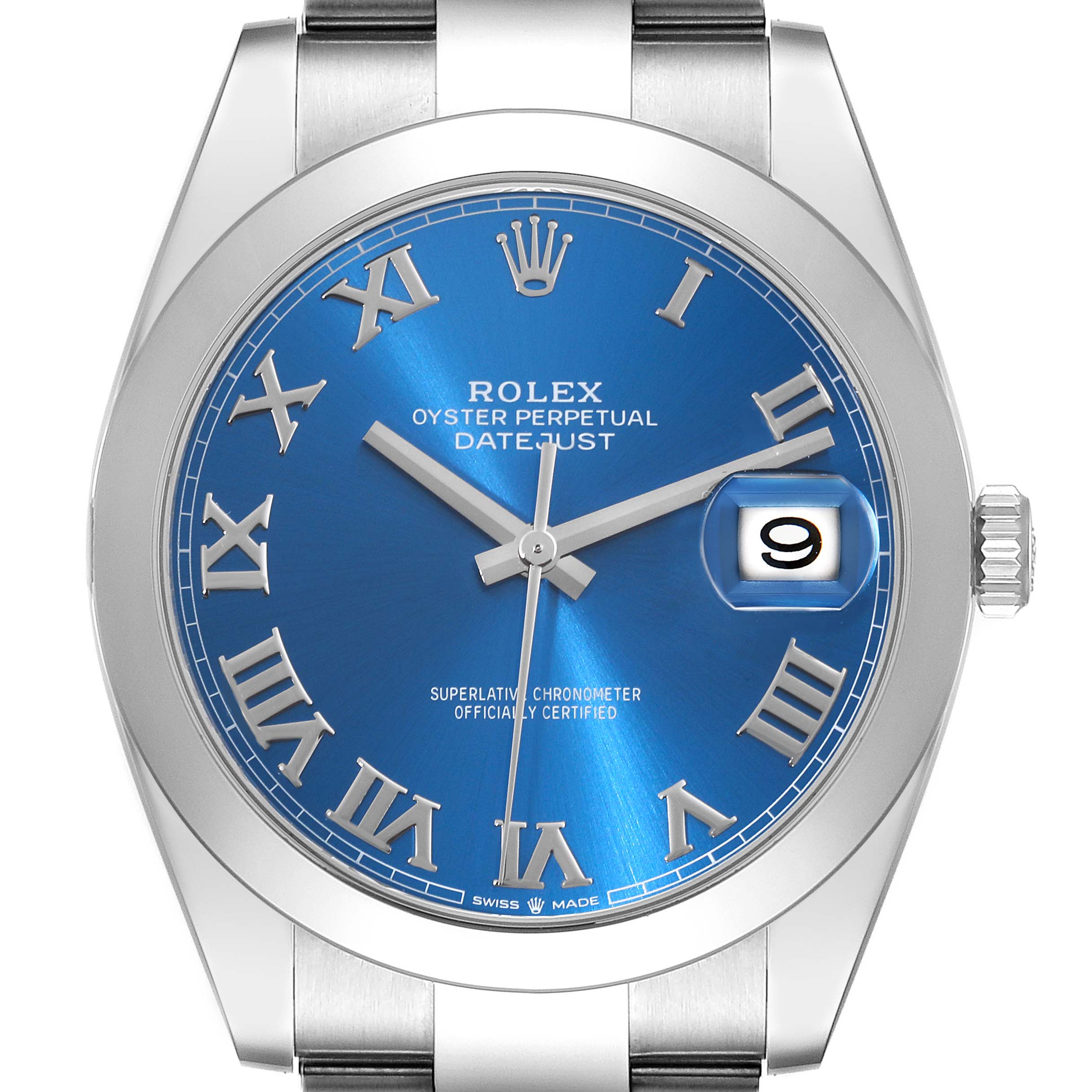 This image shows the face of a Rolex Datejust 41 126300 Men
s Stainless Steel Blue Dial 126300 Men
s Stainless Steel Blue Dial, featuring a blue dial with Roman numerals and the date window at 3 o
clock.