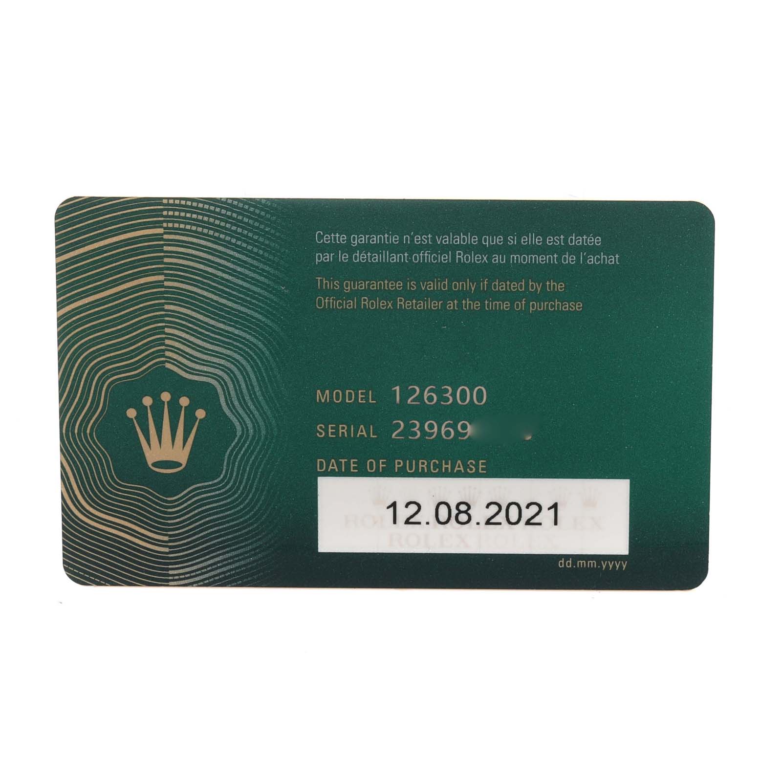 The image shows the warranty card for a Rolex Datejust 41 126300 Men
s Stainless Steel Blue Dial 126300 Men
s Stainless Steel Blue Dial model, featuring model number 126300 and purchase date 12.08.2021.
