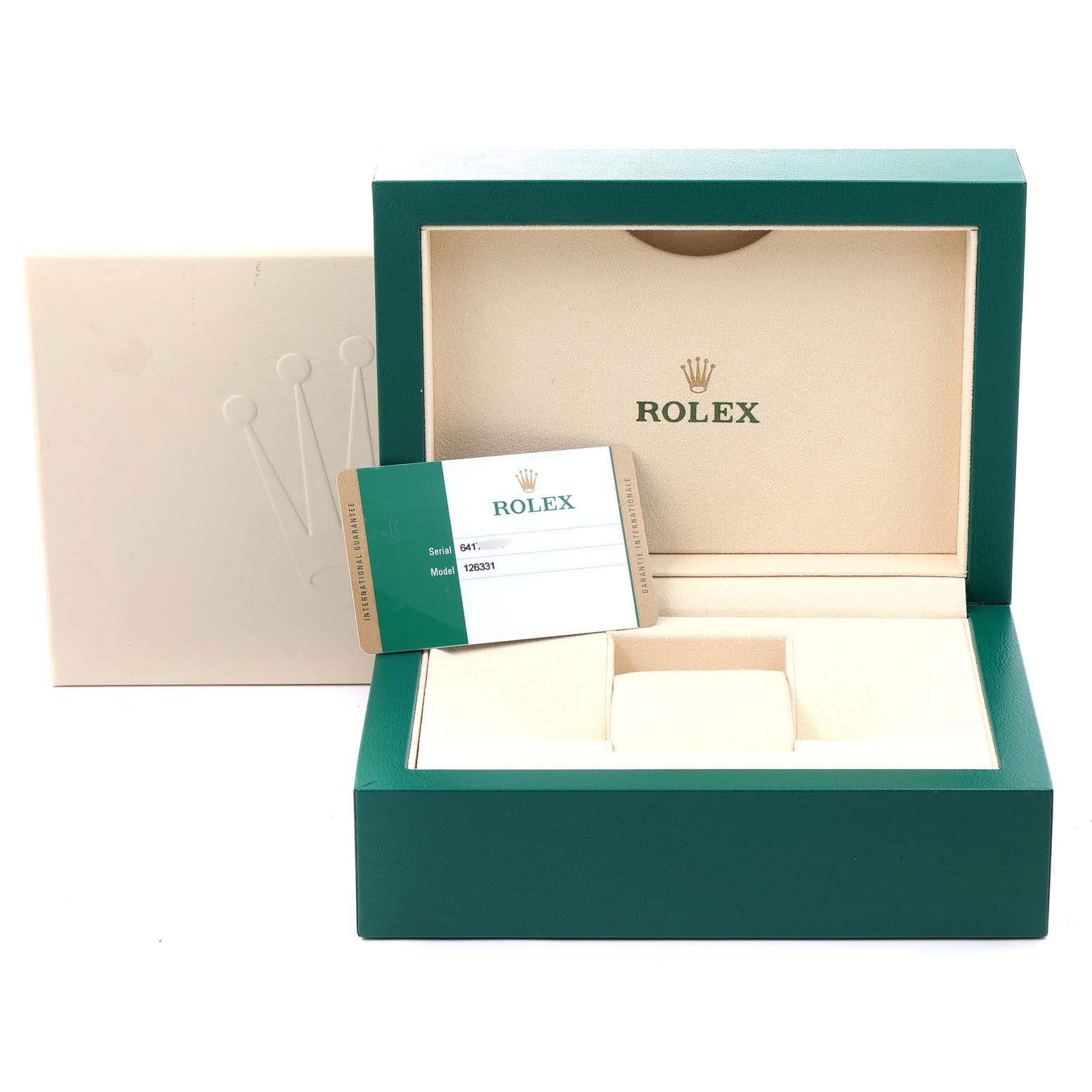 The image shows the packaging box and authenticity card of a Rolex Datejust 41 126331 Men's Steel and Gold (two tone) Beige Dial 126331 Men's Steel and Gold (two tone) Beige Dial model.