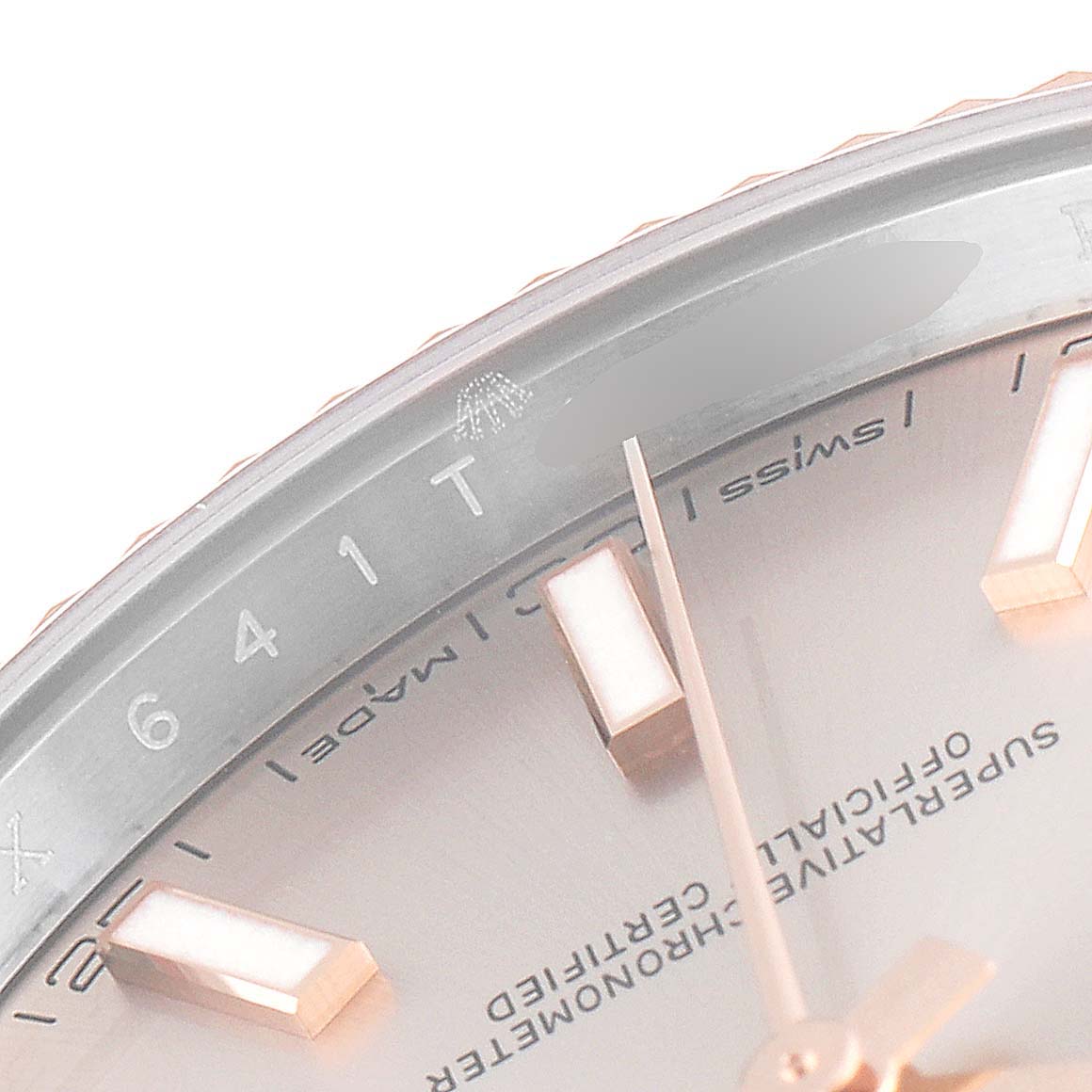 The image shows a close-up of the dial, bezel, and part of the markers and hands of a Rolex Datejust 41 126331 Men's Steel and Gold (two tone) Beige Dial 126331 Men's Steel and Gold (two tone) Beige Dial watch.