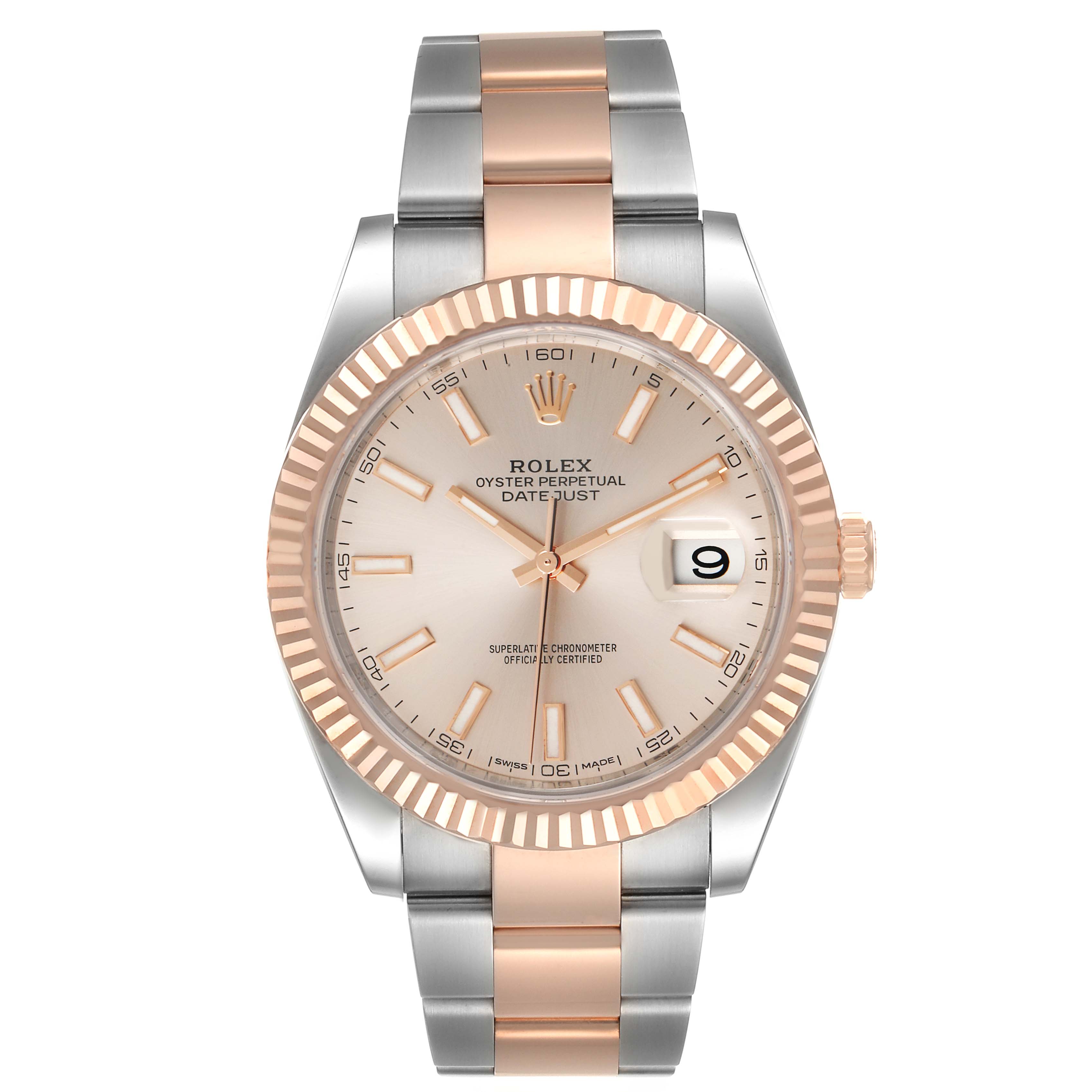 The Rolex Datejust 41 126331 Men's Steel and Gold (two tone) Beige Dial 126331 Men's Steel and Gold (two tone) Beige Dial watch is shown from a front view, displaying its dial, bezel, and bracelet.