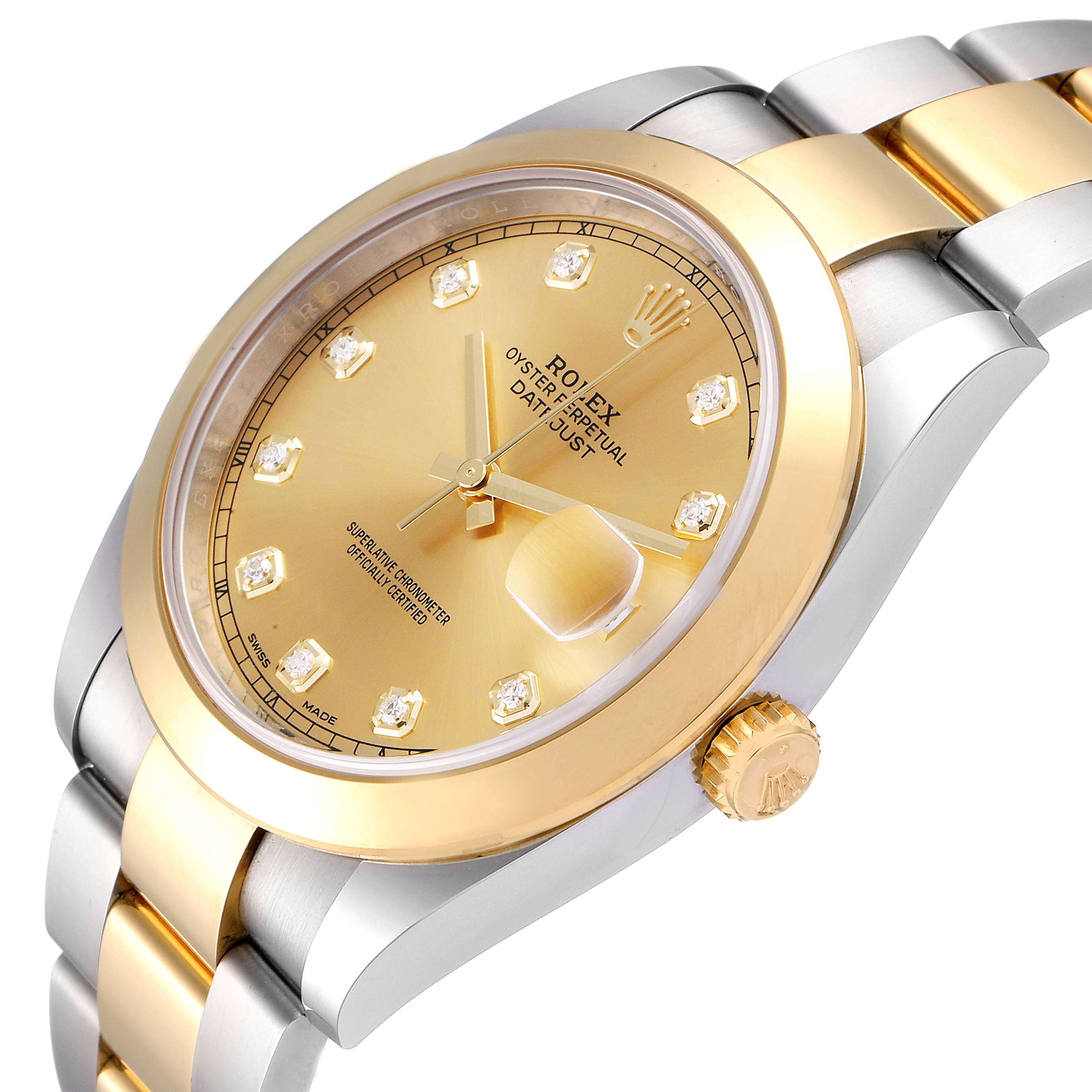This image of the Rolex Datejust 41 126303 Men's Steel and Gold (two tone) Champagne Dial 126303 Men's Steel and Gold (two tone) Champagne Dial watch shows an angled view highlighting the gold dial, date window, hands, and crown.