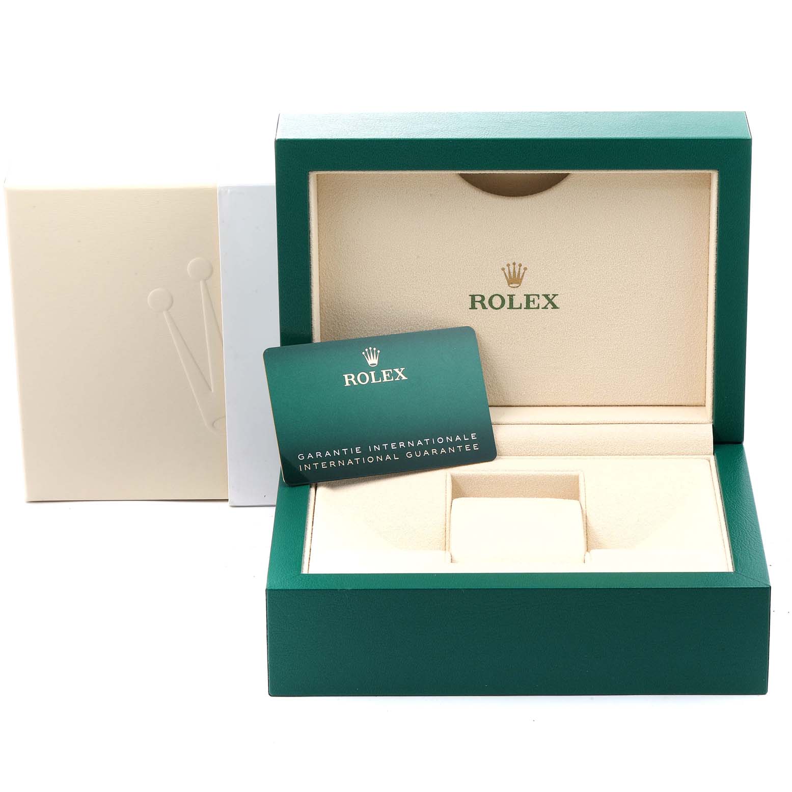 This image shows an open Rolex watch box for the Datejust 41 model, with an international guarantee card in front.