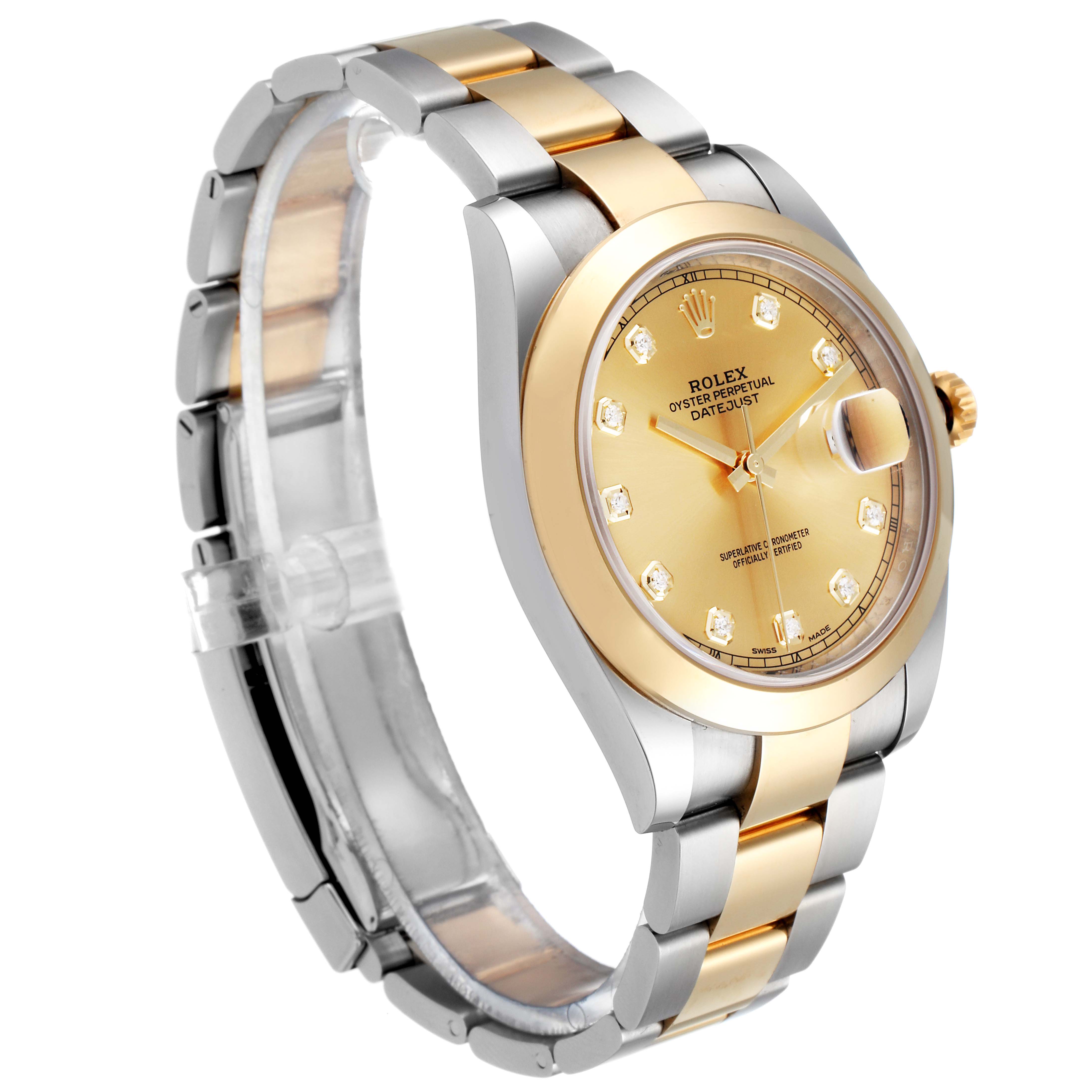 The Rolex Datejust 41 126303 Men's Steel and Gold (two tone) Champagne Dial 126303 Men's Steel and Gold (two tone) Champagne Dial is shown at a three-quarter angle, displaying its bi-metal bracelet, gold dial, and case.