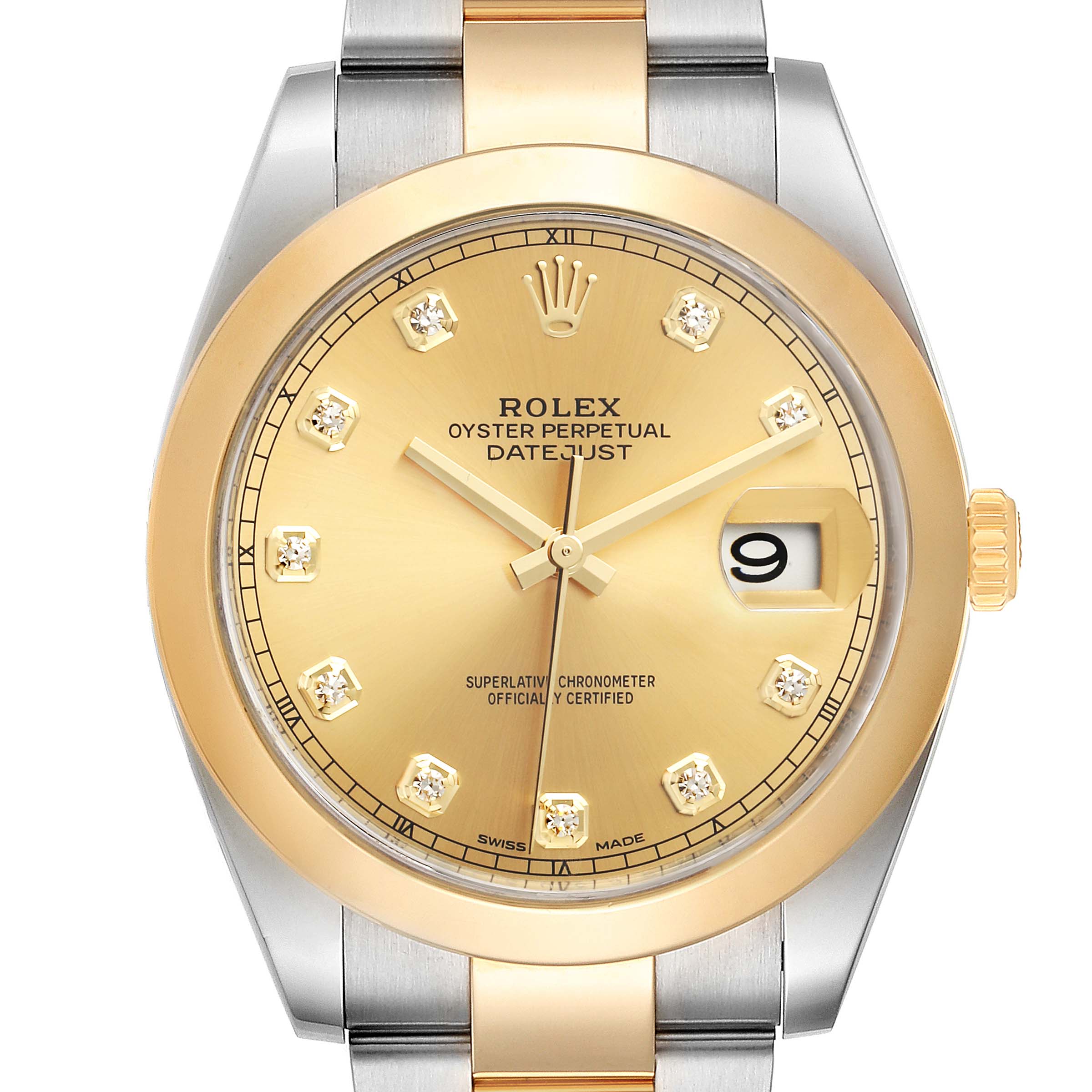 This image shows a close-up of the Rolex Datejust 41 126303 Men's Steel and Gold (two tone) Champagne Dial 126303 Men's Steel and Gold (two tone) Champagne Dial watch face and part of the bracelet, highlighting its gold-colored dial and diamond hour markers.