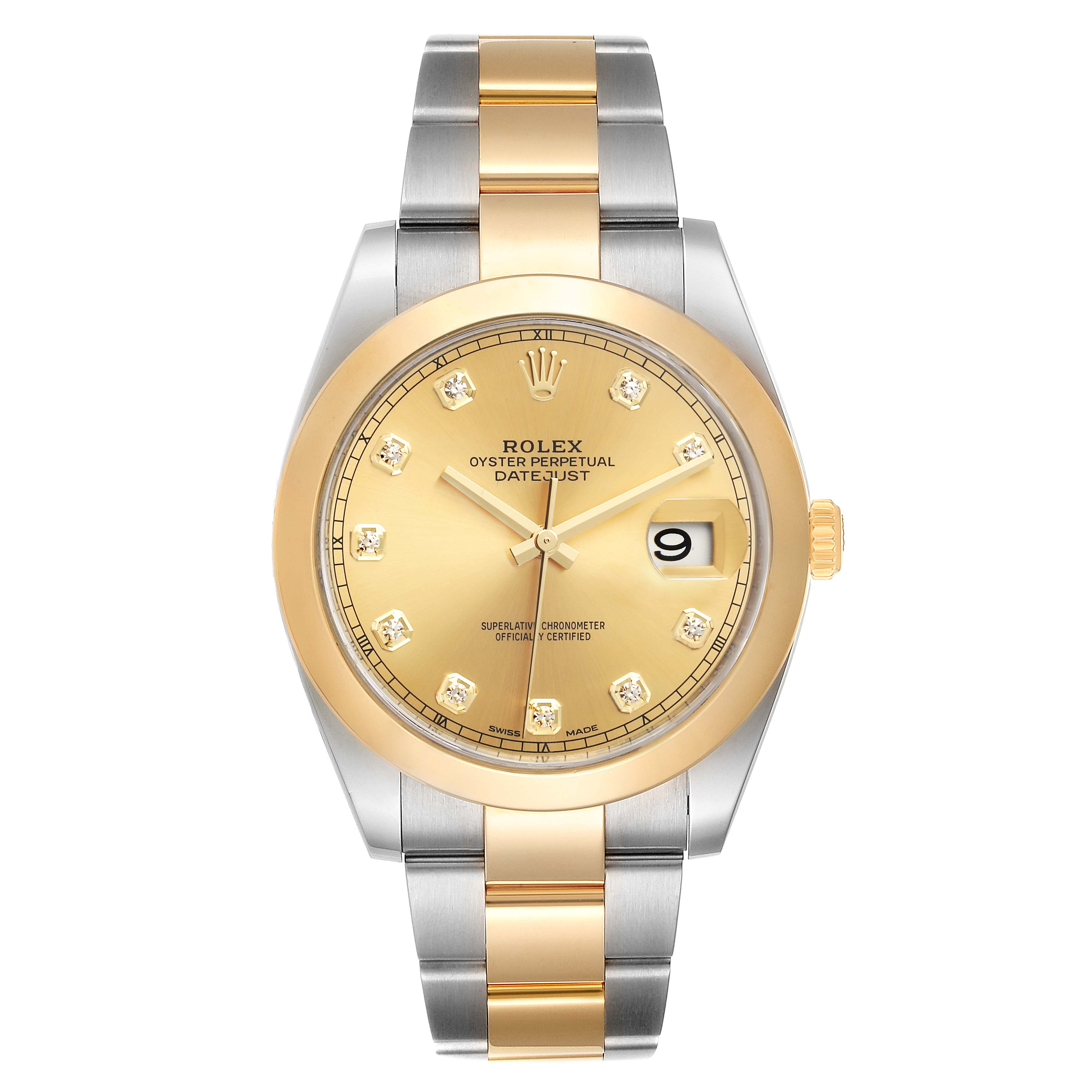 The image shows a front view of a Rolex Datejust 41 126303 Men's Steel and Gold (two tone) Champagne Dial 126303 Men's Steel and Gold (two tone) Champagne Dial watch, highlighting its gold and silver two-tone bracelet, gold dial, and date window.