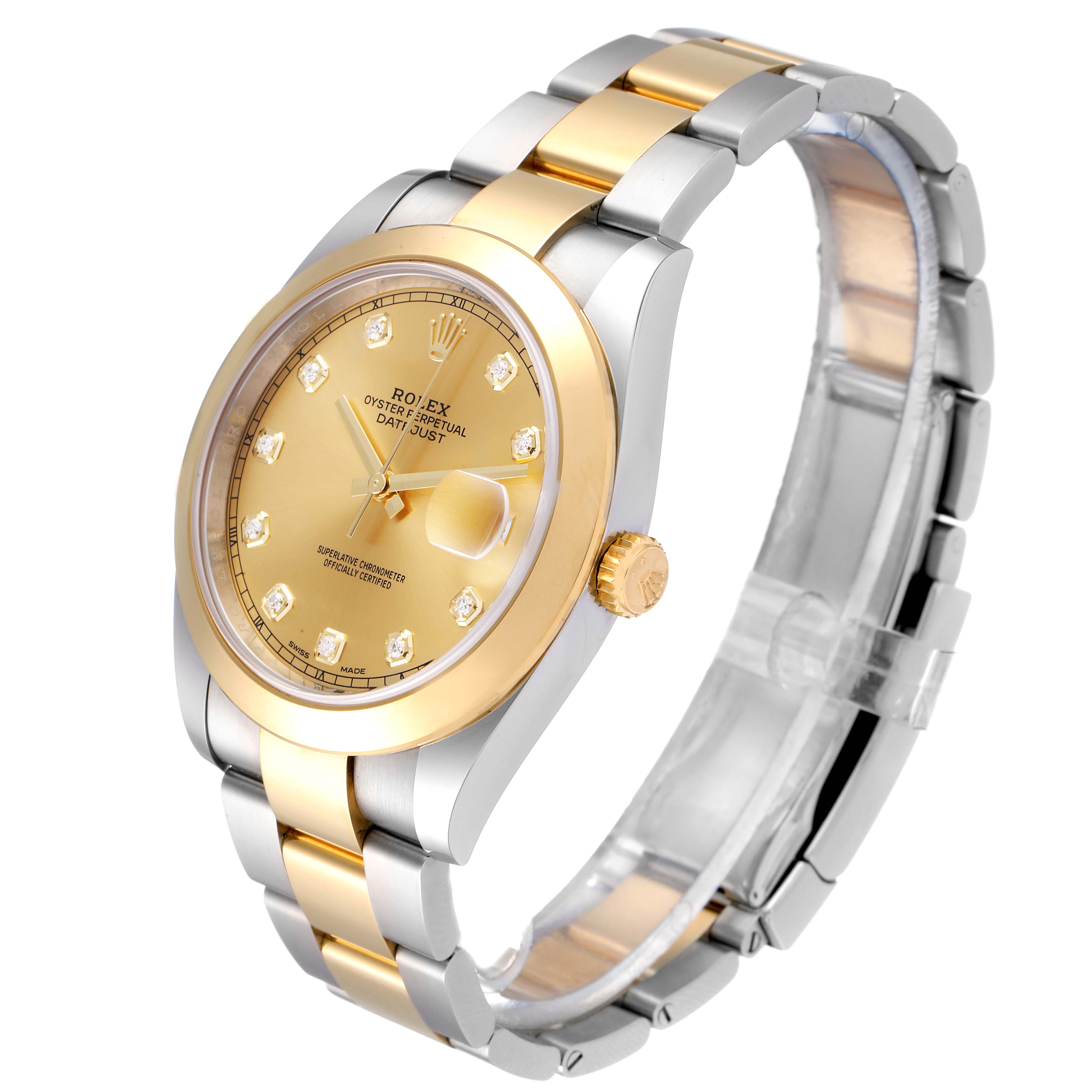 The Rolex Datejust 41 126303 Men's Steel and Gold (two tone) Champagne Dial 126303 Men's Steel and Gold (two tone) Champagne Dial watch is shown at a slight angle, displaying its gold dial, bezel, crown, and two-tone bracelet.