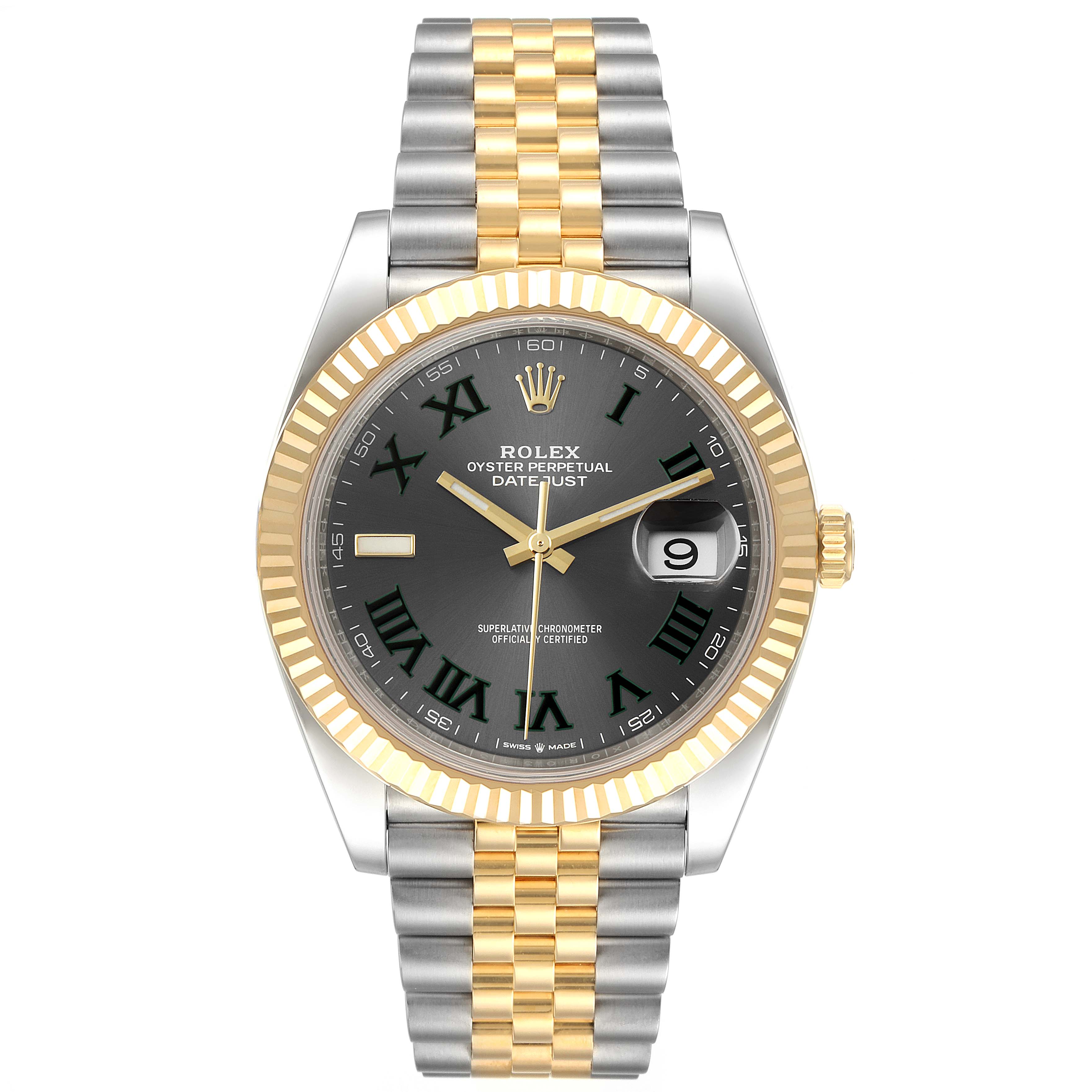 The image shows a front view of a Rolex Datejust 41 126333 Men's Steel and Gold (two tone) Grey Dial 126333 Men's Steel and Gold (two tone) Grey Dial, displaying the face, bezel, and bracelet.
