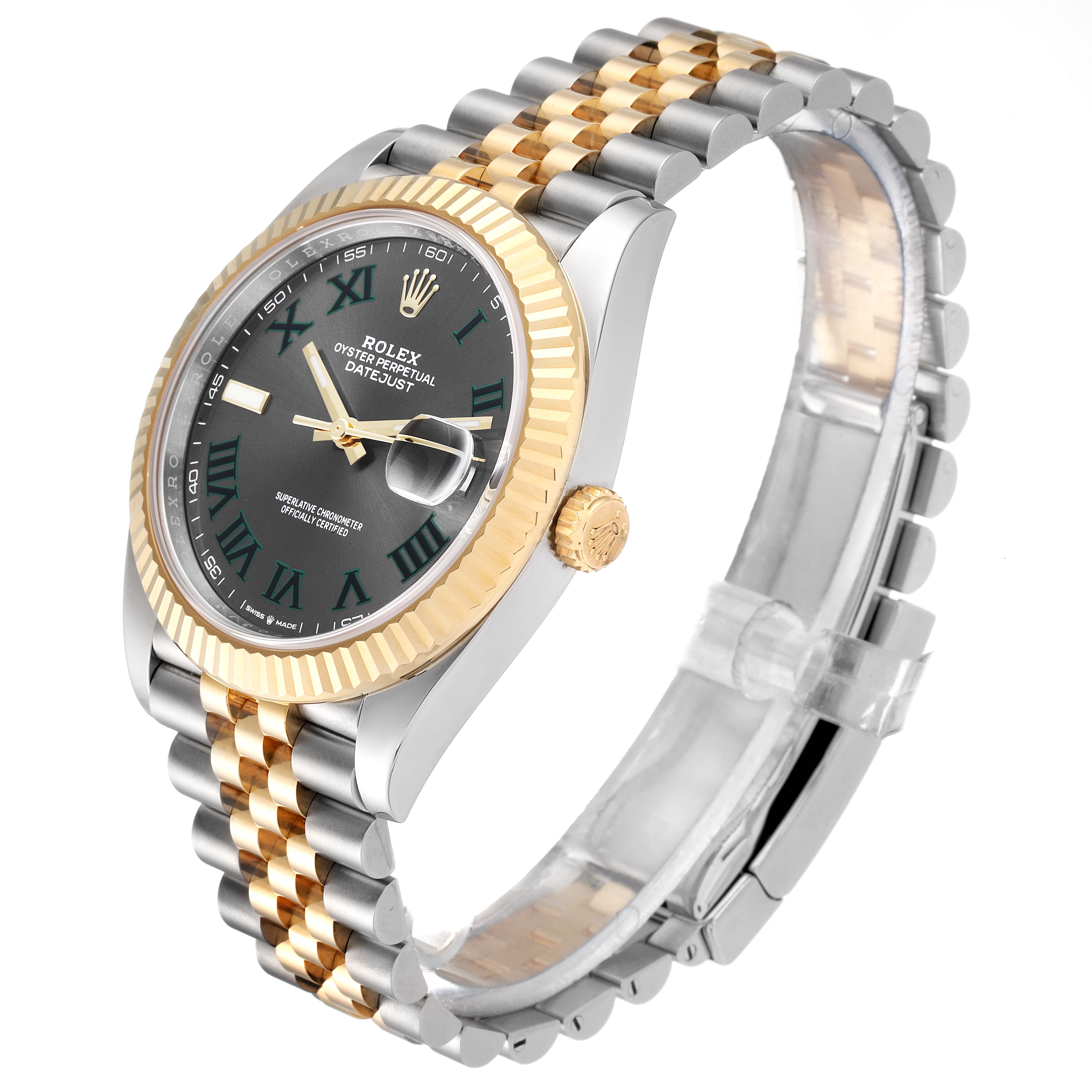 The Rolex Datejust 41 126333 Men's Steel and Gold (two tone) Grey Dial 126333 Men's Steel and Gold (two tone) Grey Dial watch is shown at an angle, highlighting the dial, bezel, crown, and two-tone bracelet.