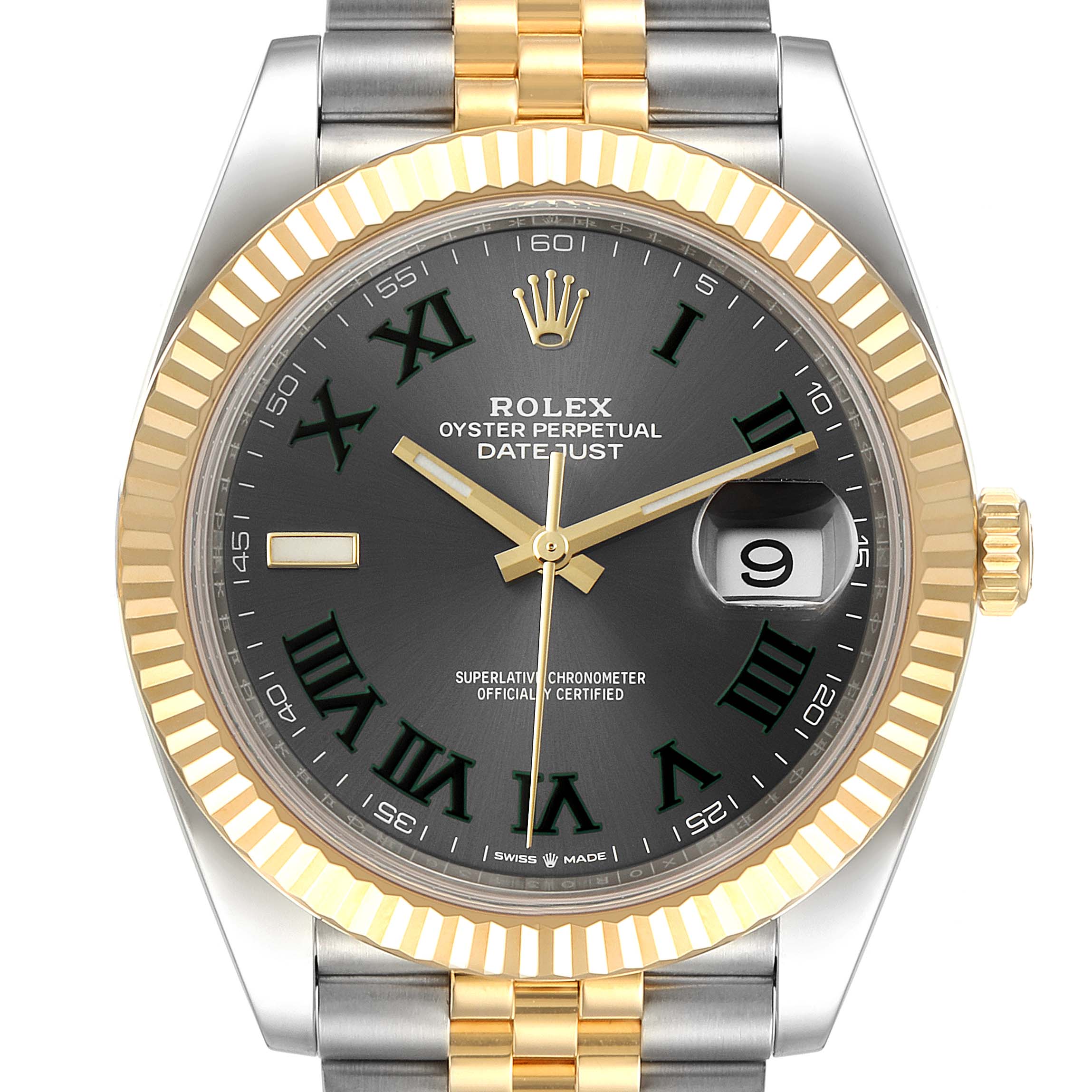 This image shows a frontal view of the Rolex Datejust 41 126333 Men's Steel and Gold (two tone) Grey Dial 126333 Men's Steel and Gold (two tone) Grey Dial model, highlighting the dial, hands, date window, and bezel.